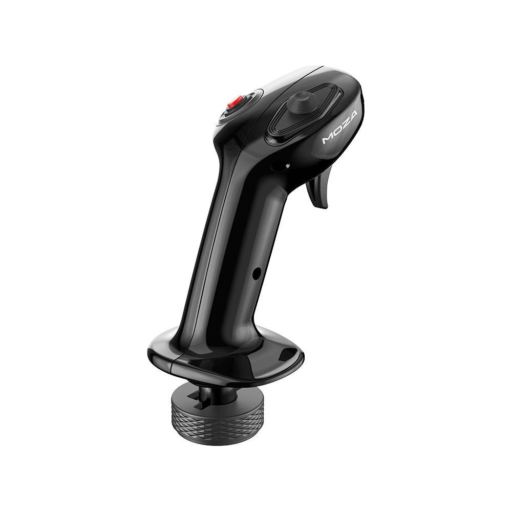 Schwarzer Joystick mit rotem Knopf und MOZA-Logo, auf weißem Hintergrund.