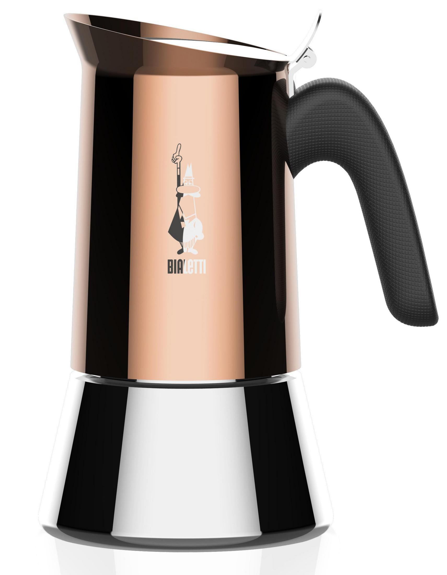 Miedziana kawiarka Bialetti z czarną rączką i logo.