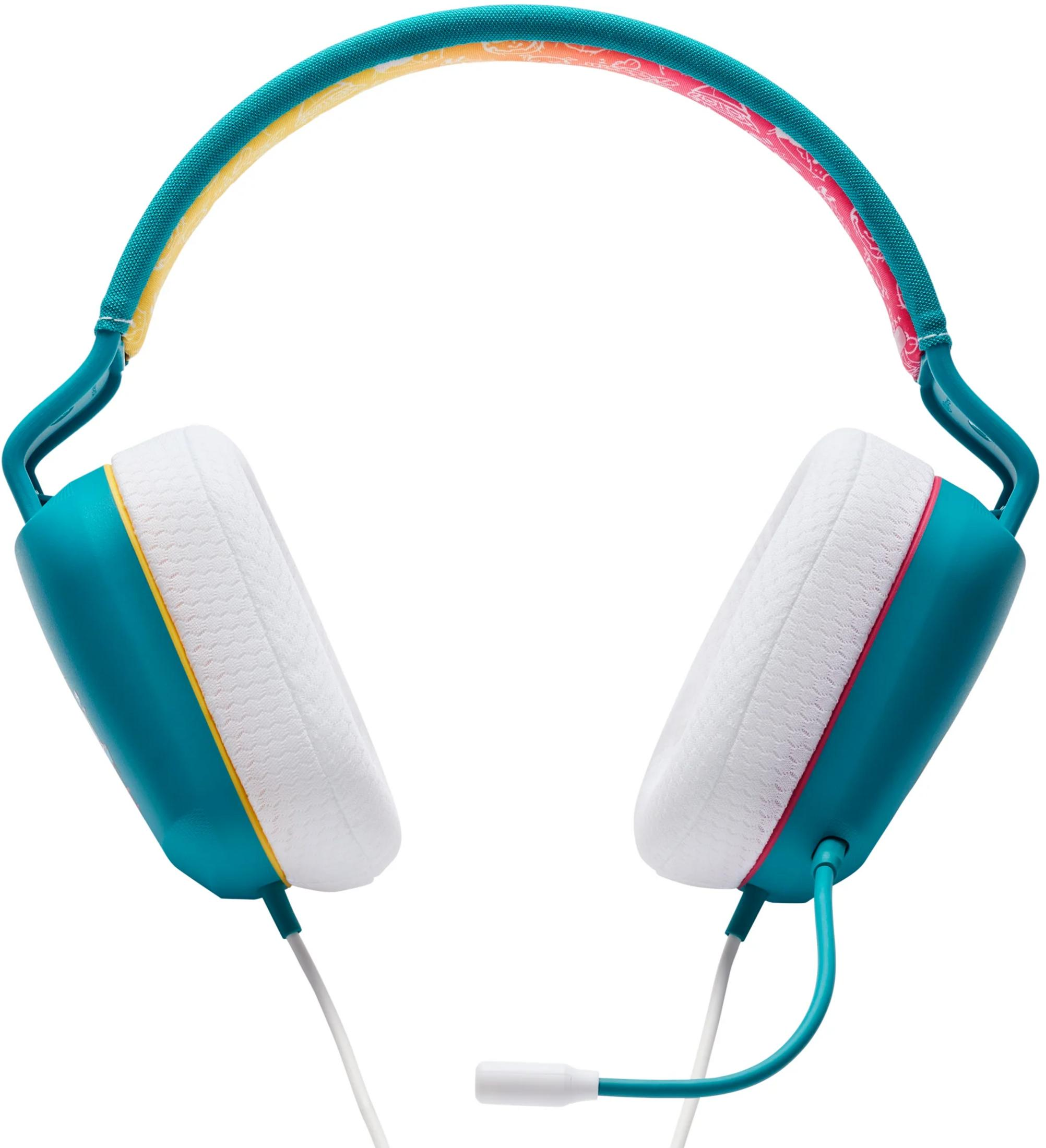 Turkusowe słuchawki z białymi nausznikami i kolorową, wzorzystą opaską. Biały kabel.