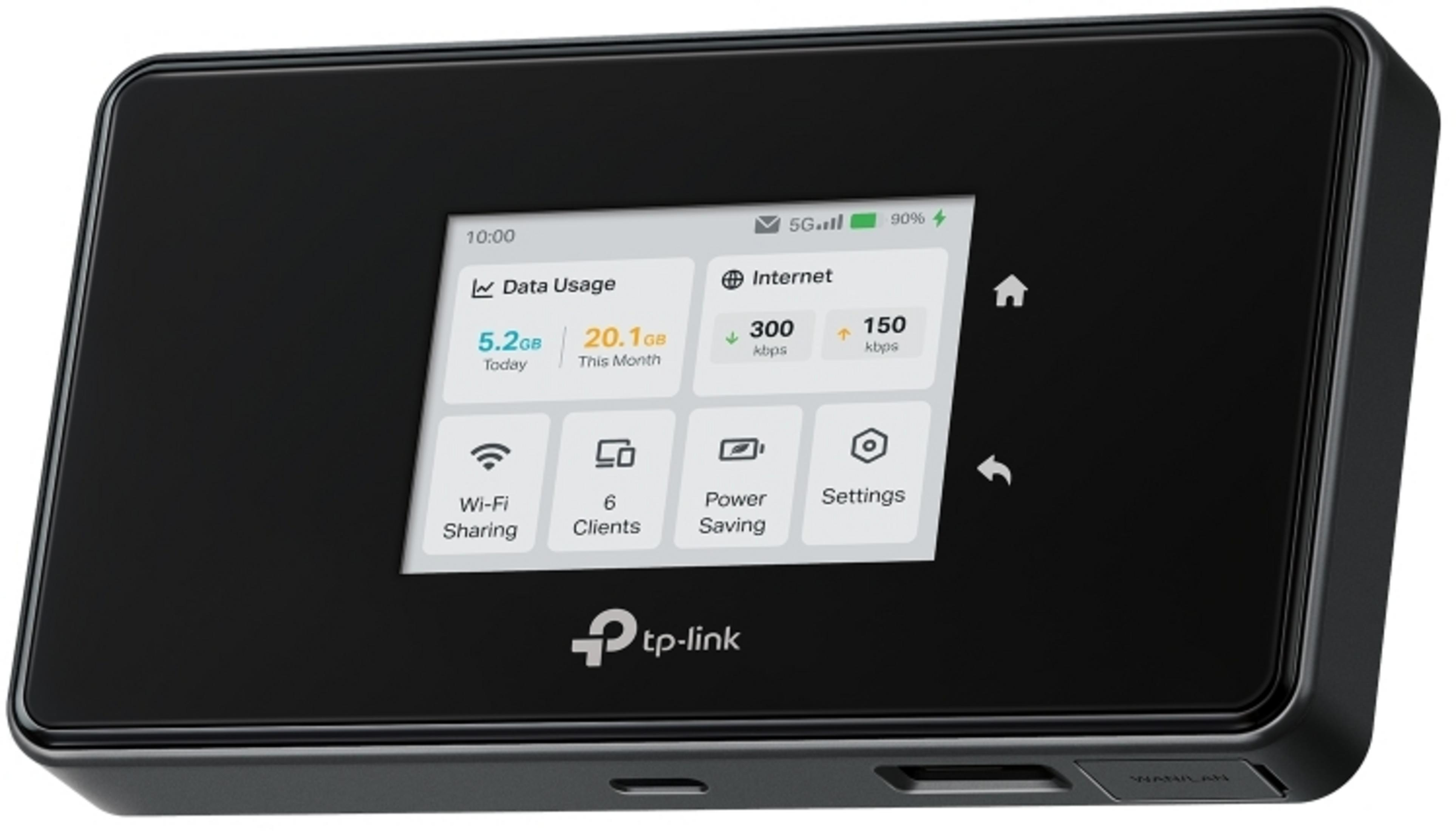 Een zwarte TP-Link mobiele router met touchscreen die 5G, dataverbruik en instellingen toont.