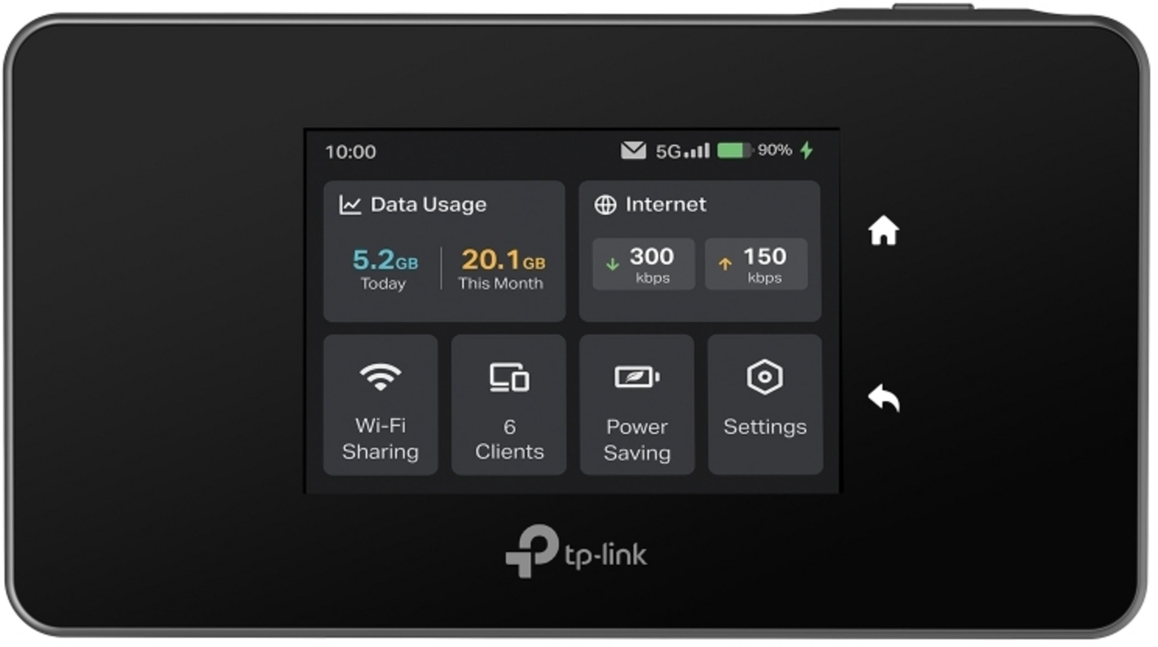 Een zwarte TP-Link mobiele hotspot toont dataverbruik en internetsnelheid.