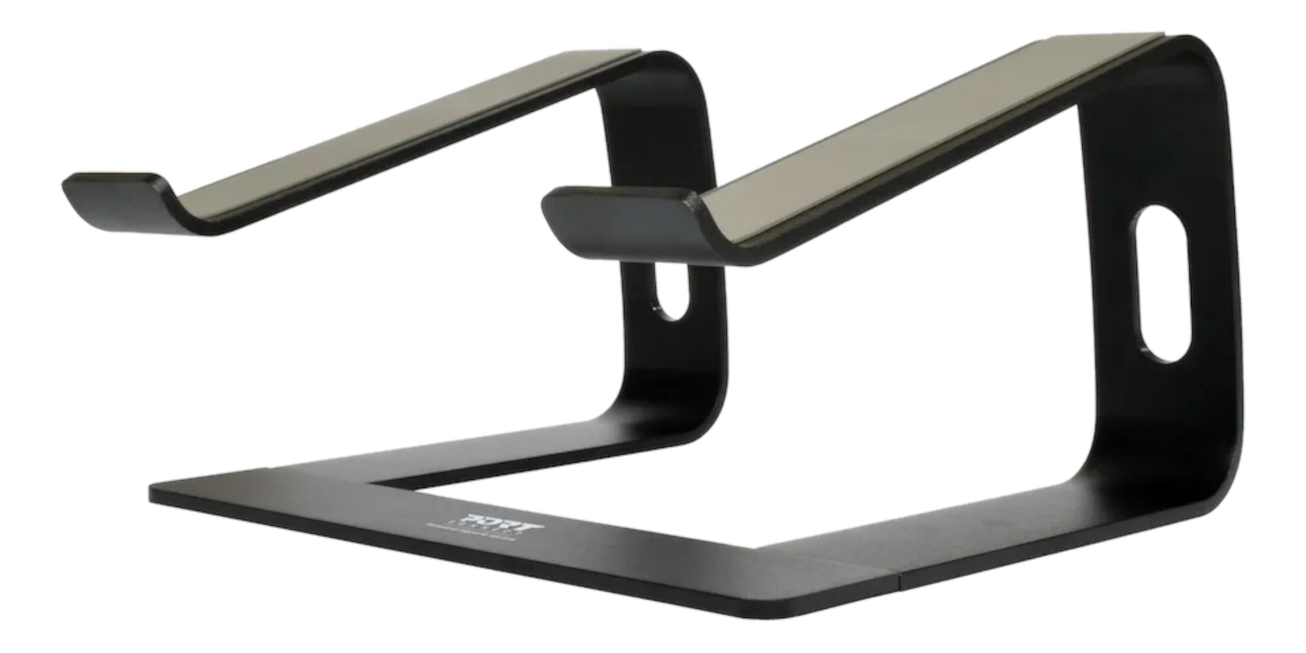 Czarny metalowy stojak na laptopa z zakrzywionymi ramionami i płaską podstawą.