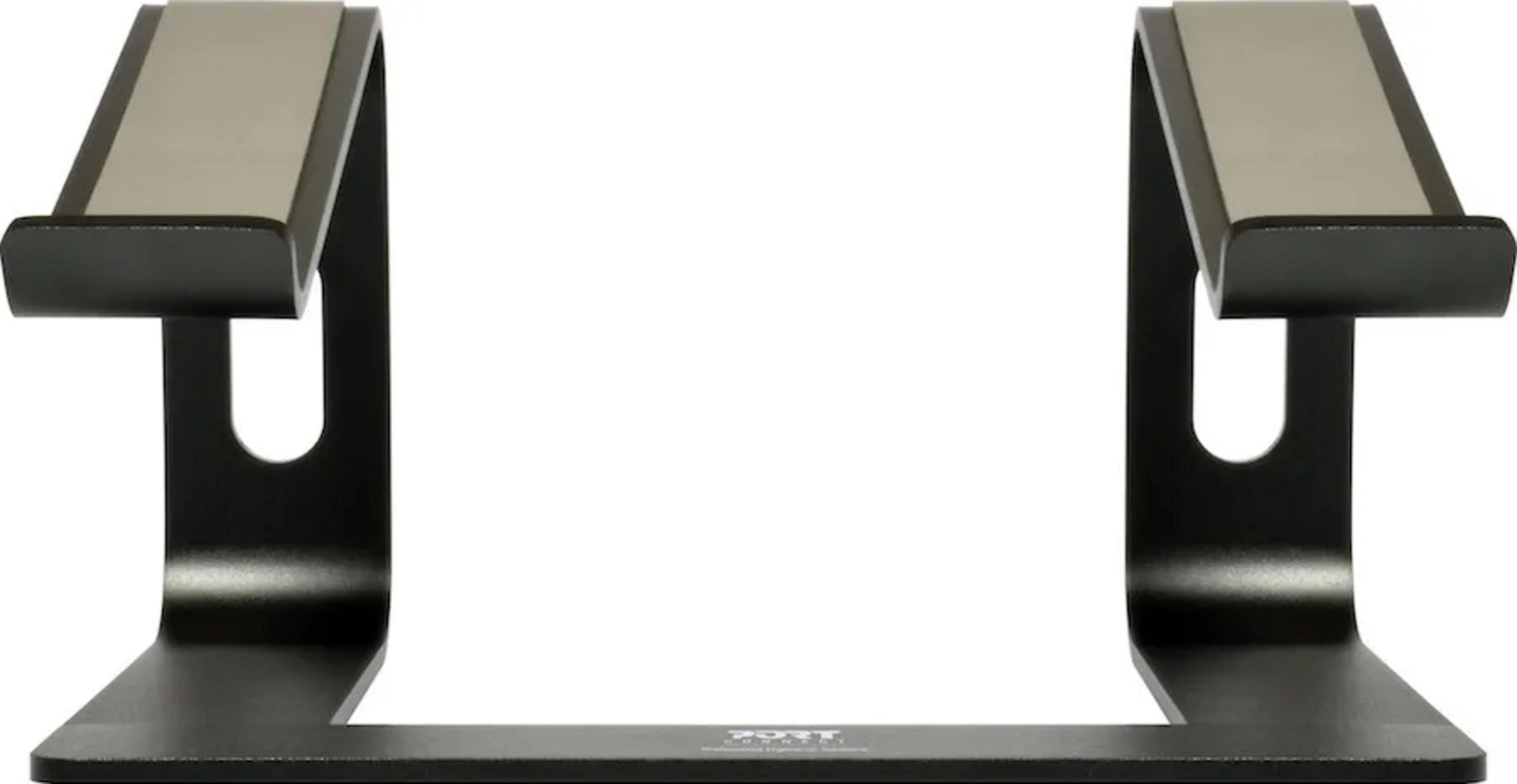 Czarny stojak na słuchawki z dwoma szarymi podkładkami.