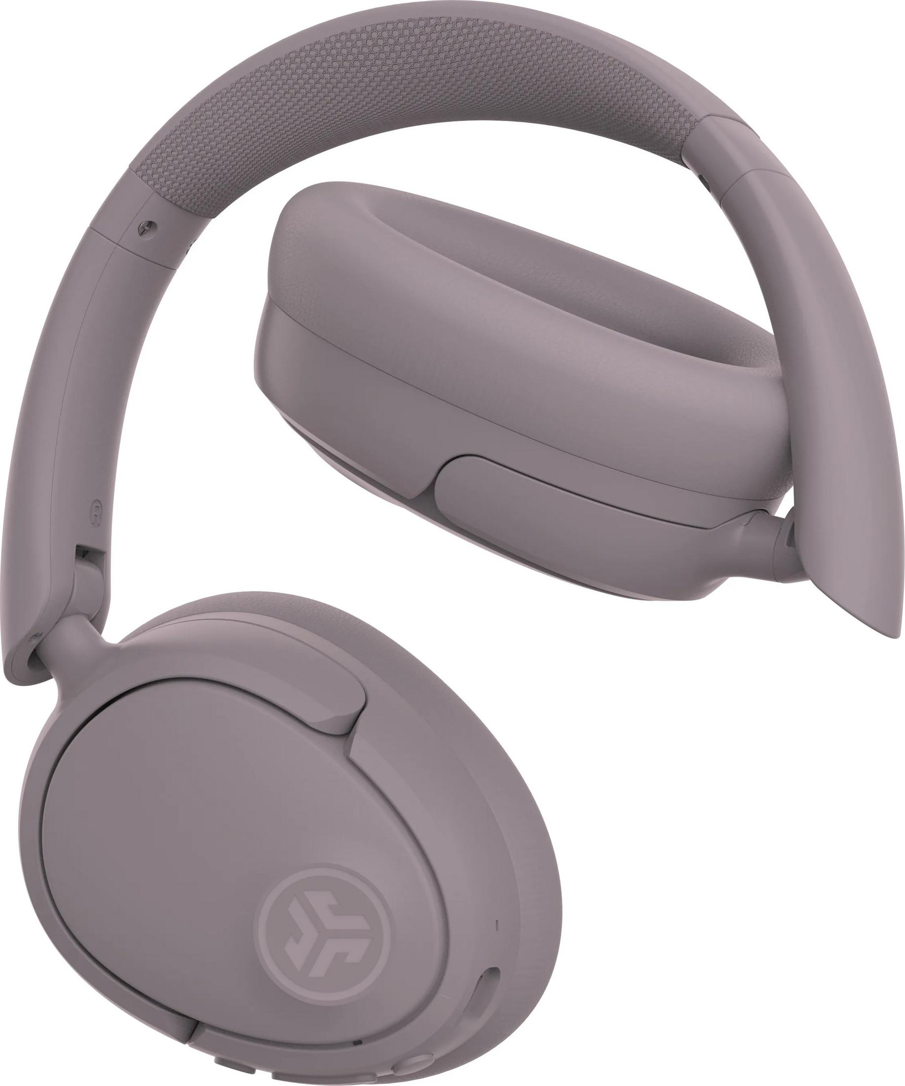 Graue Over-Ear-Kopfhörer mit gepolstertem Bügel und Logo auf den Ohrmuscheln.