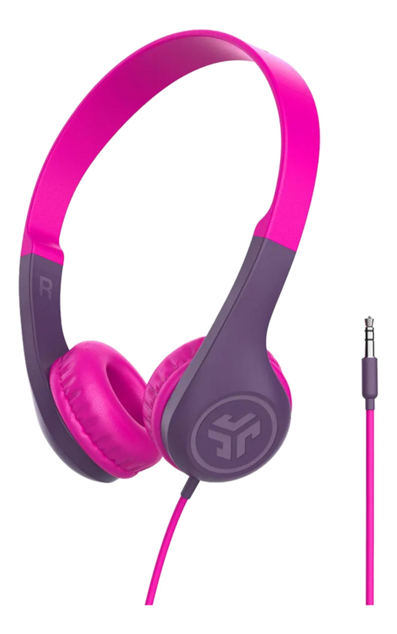 Fioletowe słuchawki z różową opaską i kablem.