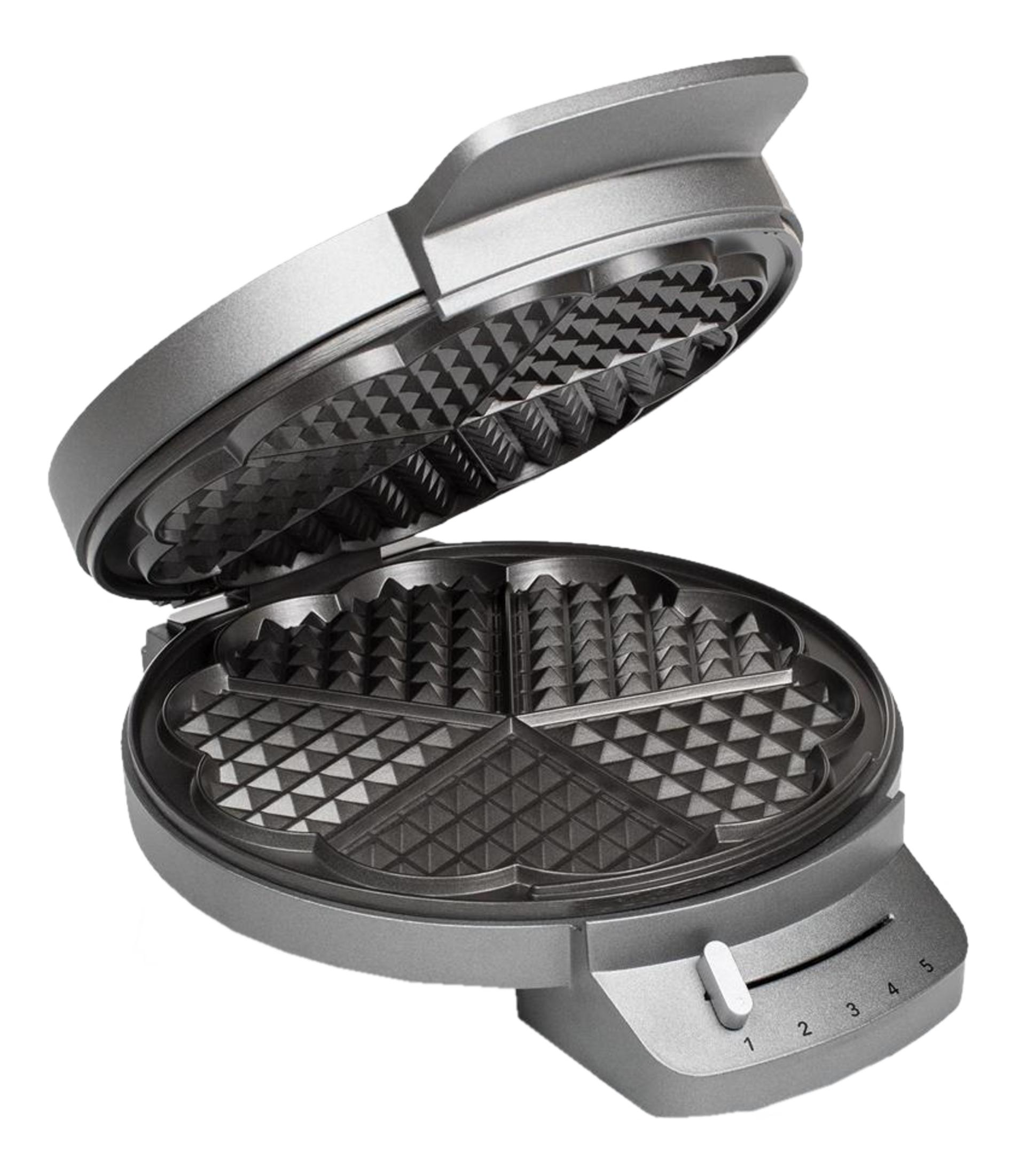 Srebrna gofrownica z otwartą pokrywą, ukazująca formy w kształcie serca.