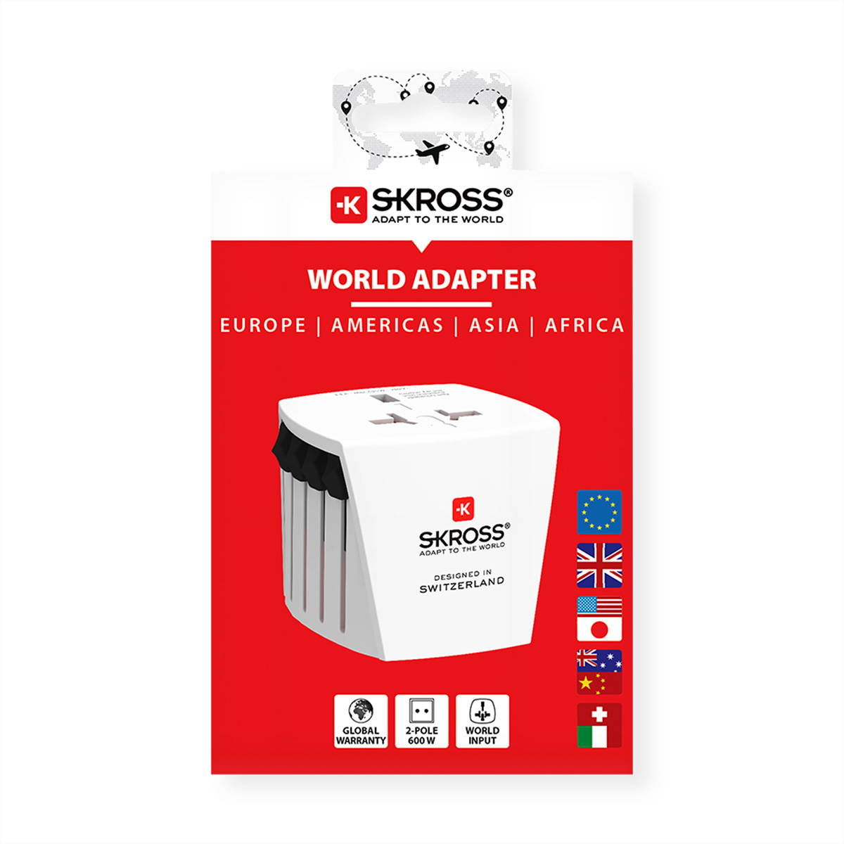 Un adattatore mondiale SKROSS bianco con prese multiple e bandiere.