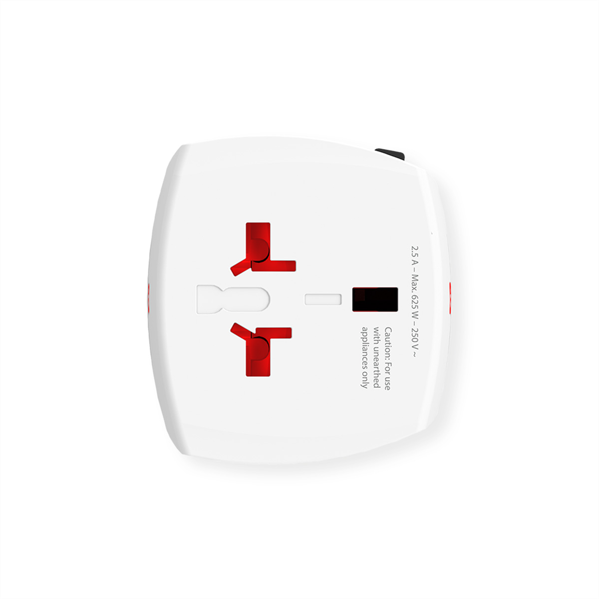 Un adattatore universale bianco con slot rossi e testo di avvertenza.