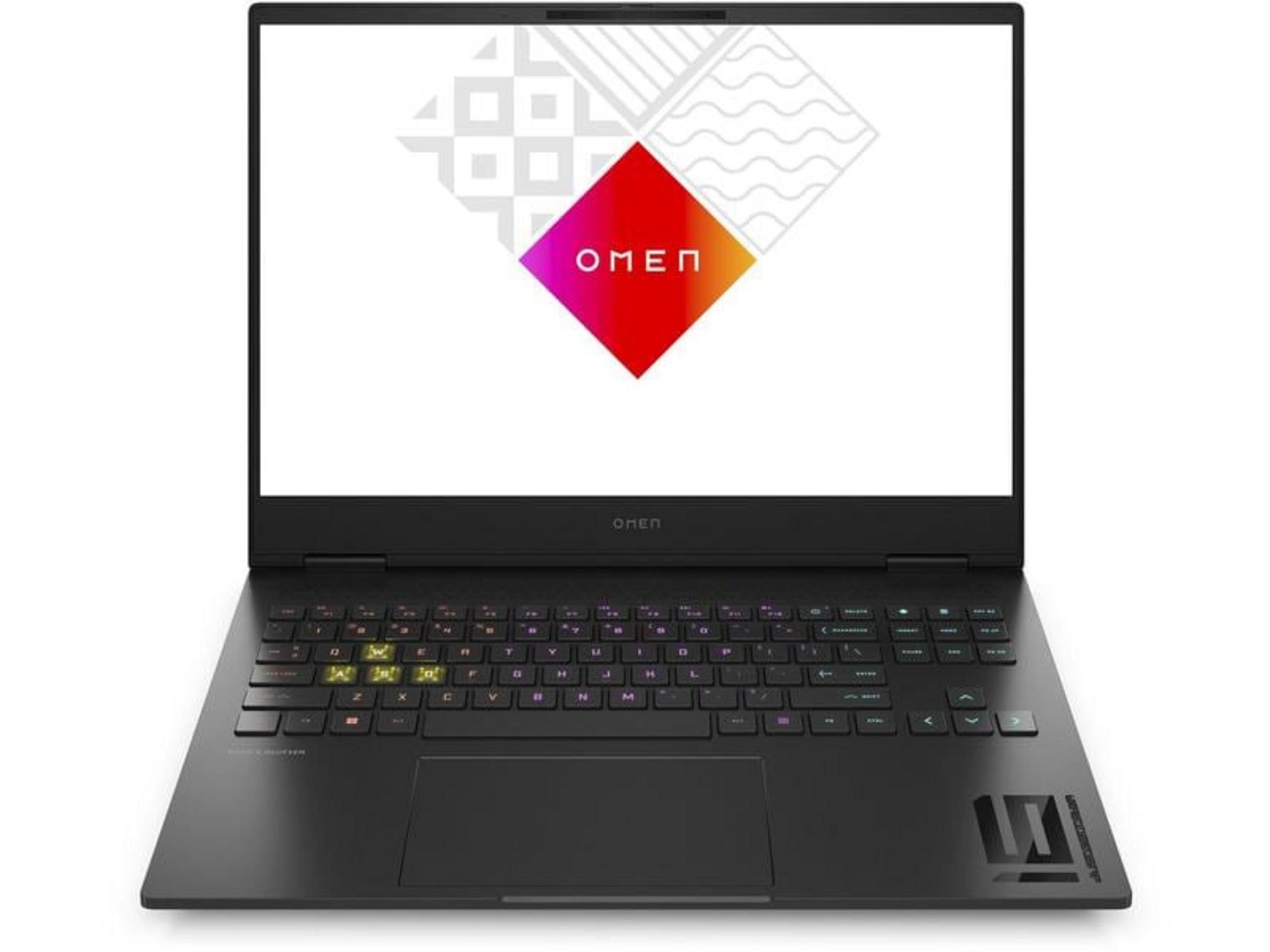 Ordinateur portable noir avec clavier rétroéclairé et logo OMEN à l'écran.
