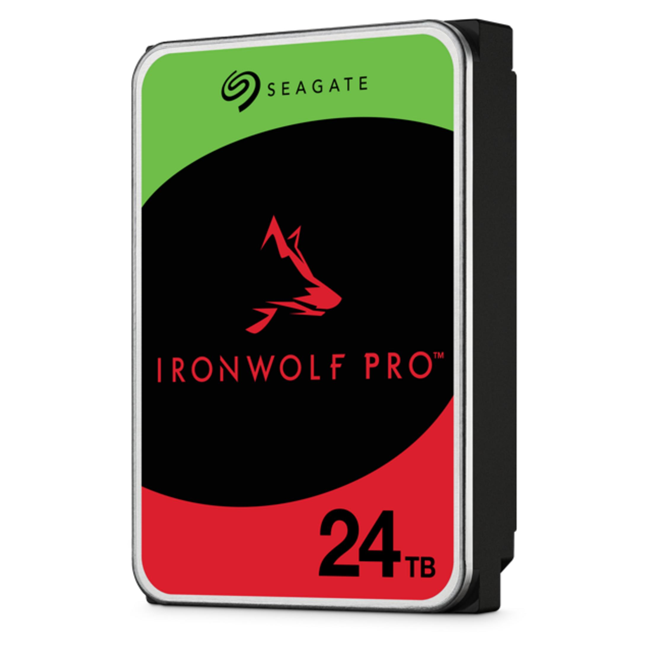Dysk Seagate IronWolf Pro 24TB z czerwonym logo wilka.