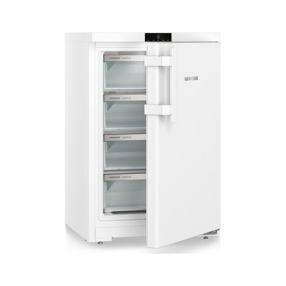 Un réfrigérateur blanc à quatre tiroirs est ouvert.