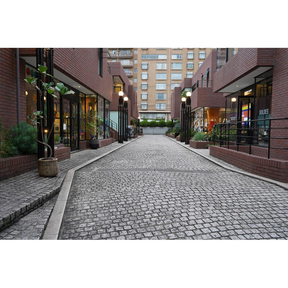 Ulica brukowana z ceglanymi budynkami, sklepami i latarniami.