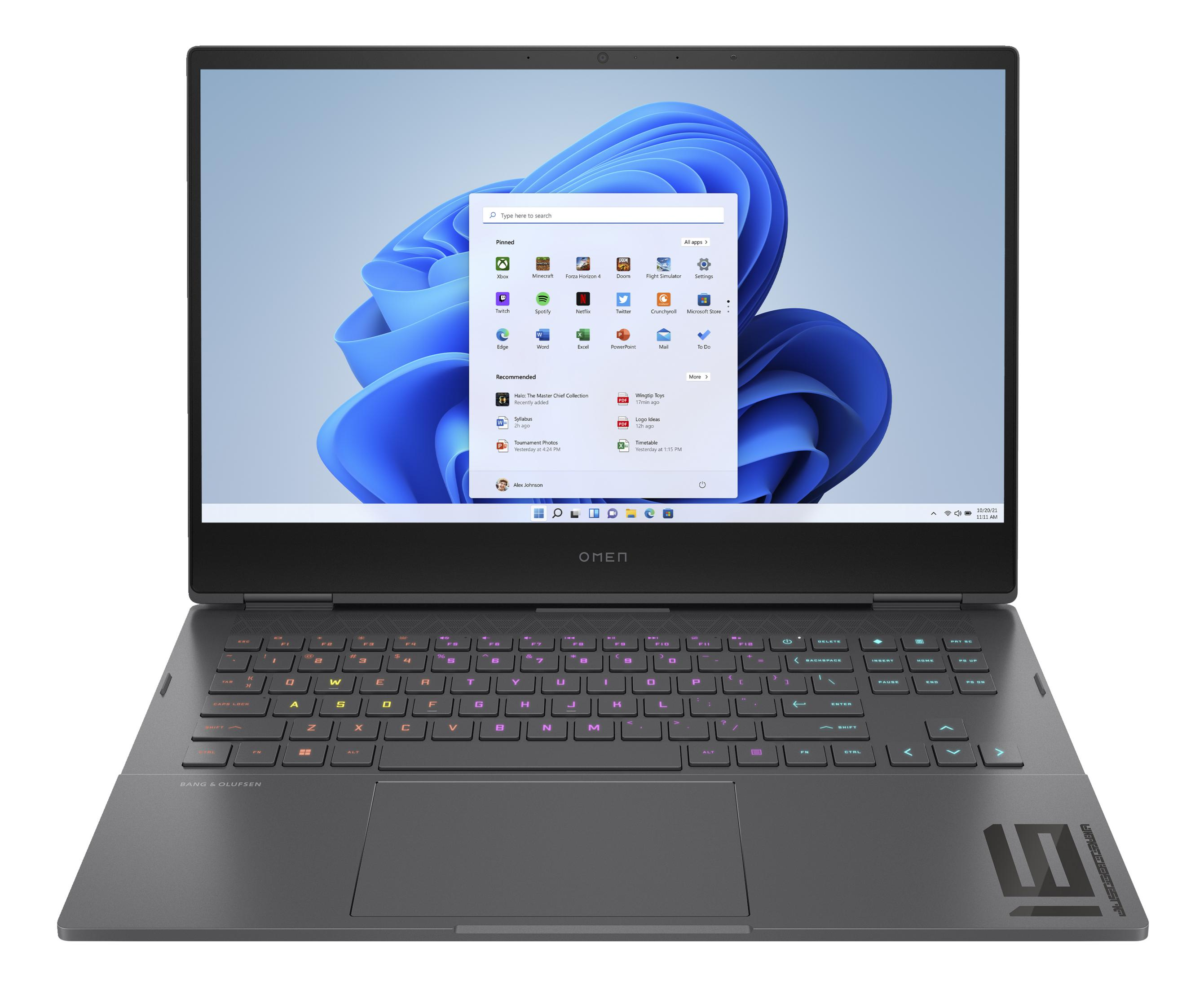 Ein dunkler Laptop mit beleuchteter Tastatur und Windows 11 Startmenü.