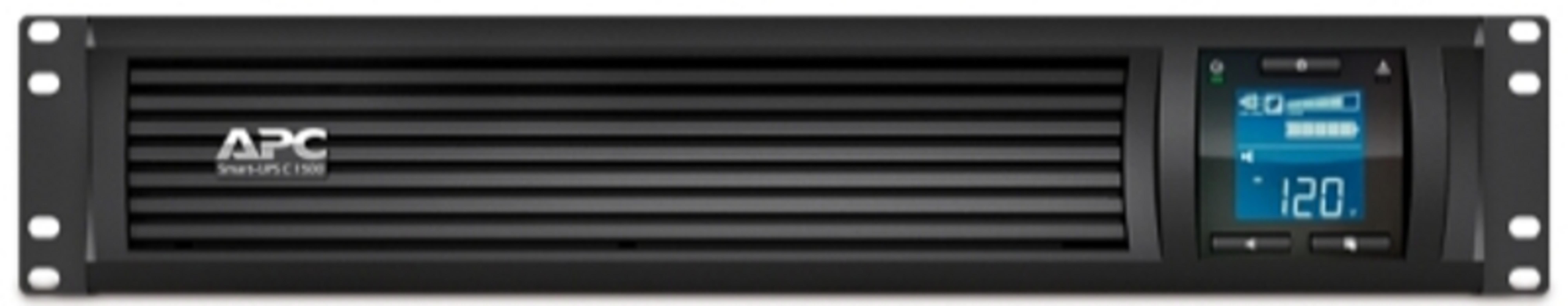 Dispositivo APC negro para montaje en rack con ranuras de ventilación y pantalla azul.