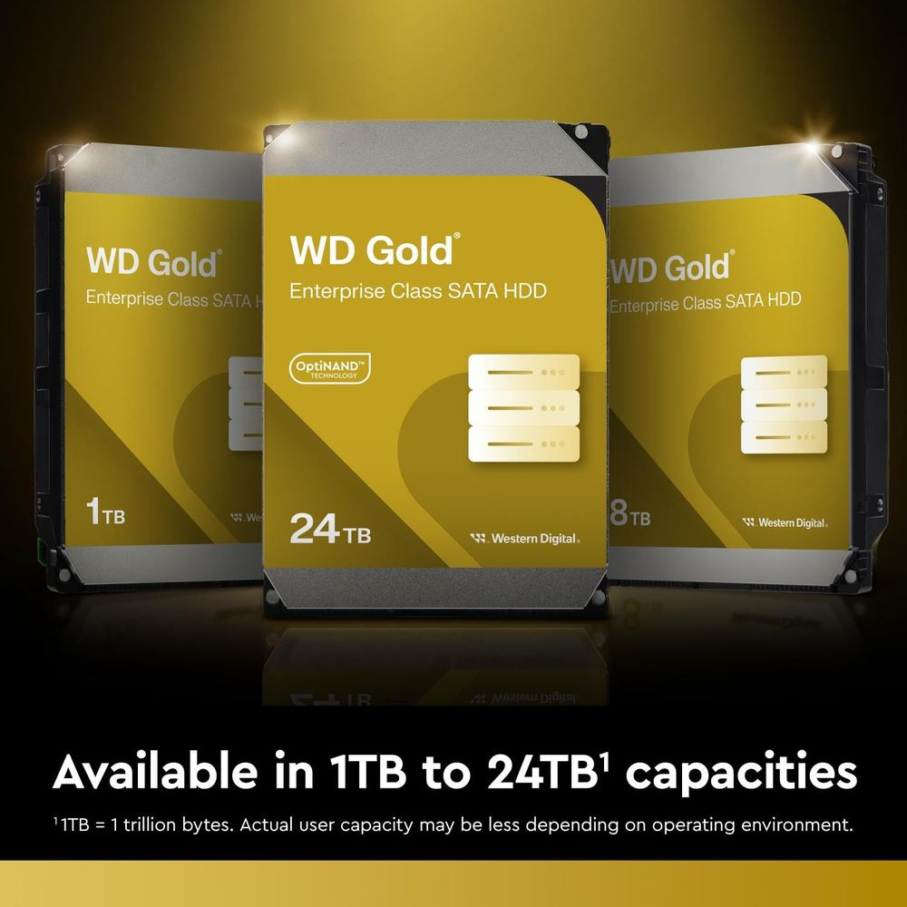 Trzy dyski WD Gold Enterprise SATA: 1TB, 24TB, 8TB. Żółto-czarny design.
