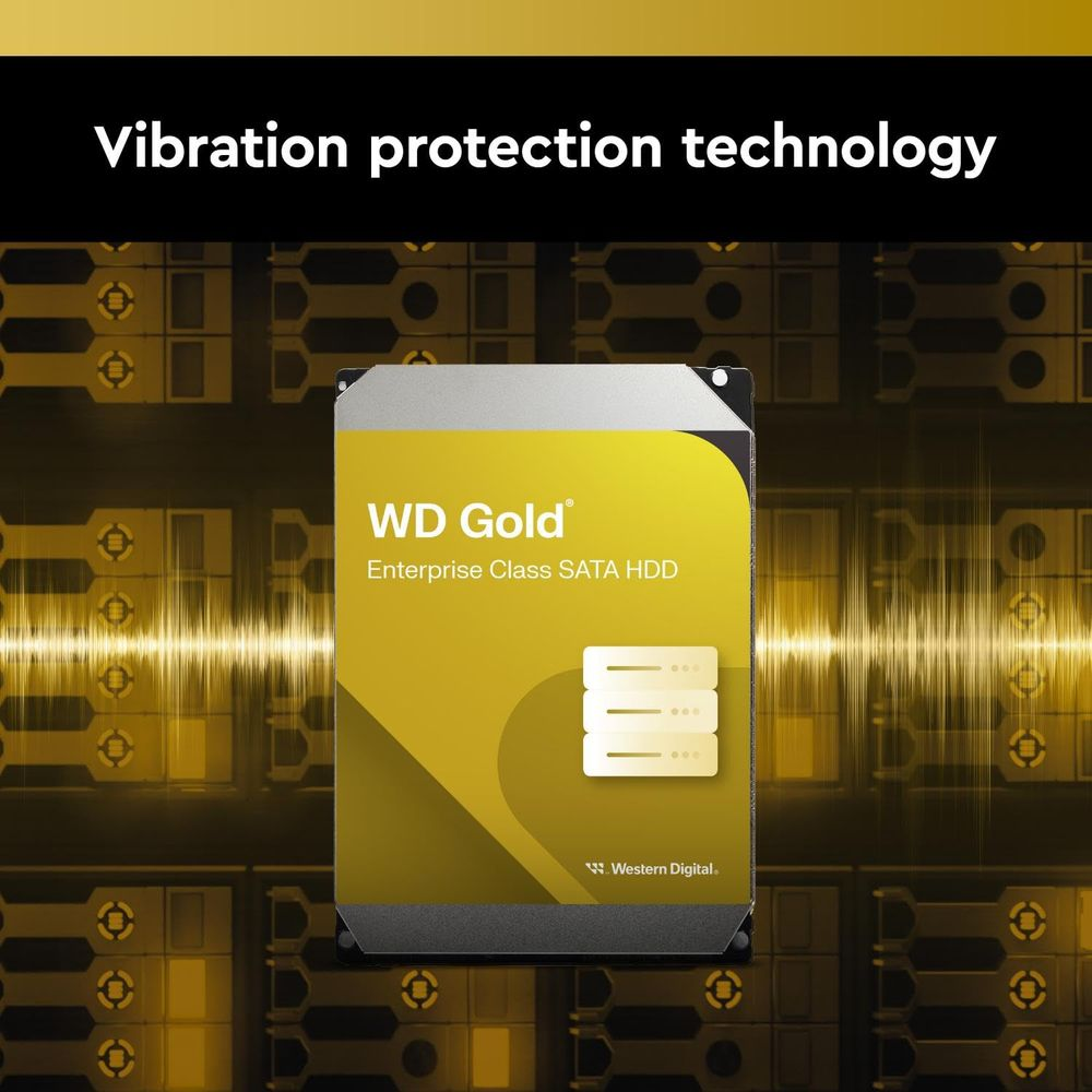 WD Gold Enterprise Class SATA HDD z technologią ochrony przed wibracjami, żółto-złoty design.