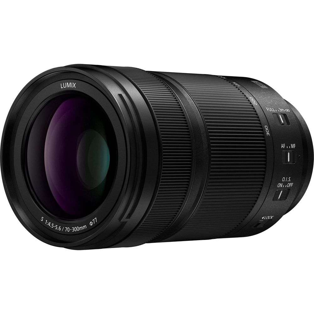 Schwarzes Lumix-Objektiv mit Zoomring und Schaltern. Details: 70-300mm.