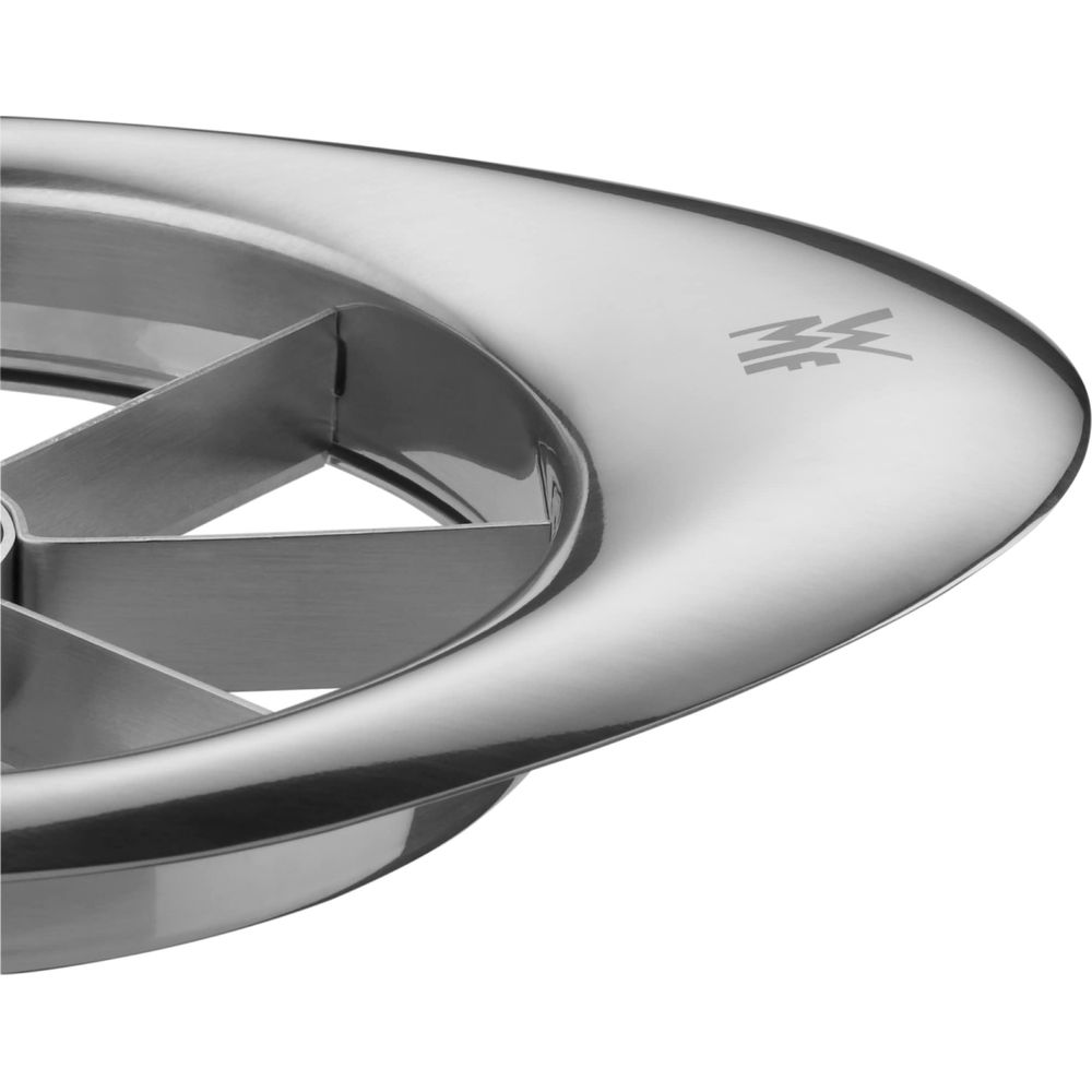 Edles Metall-Apfelteiler mit vier Klingen und Logo.