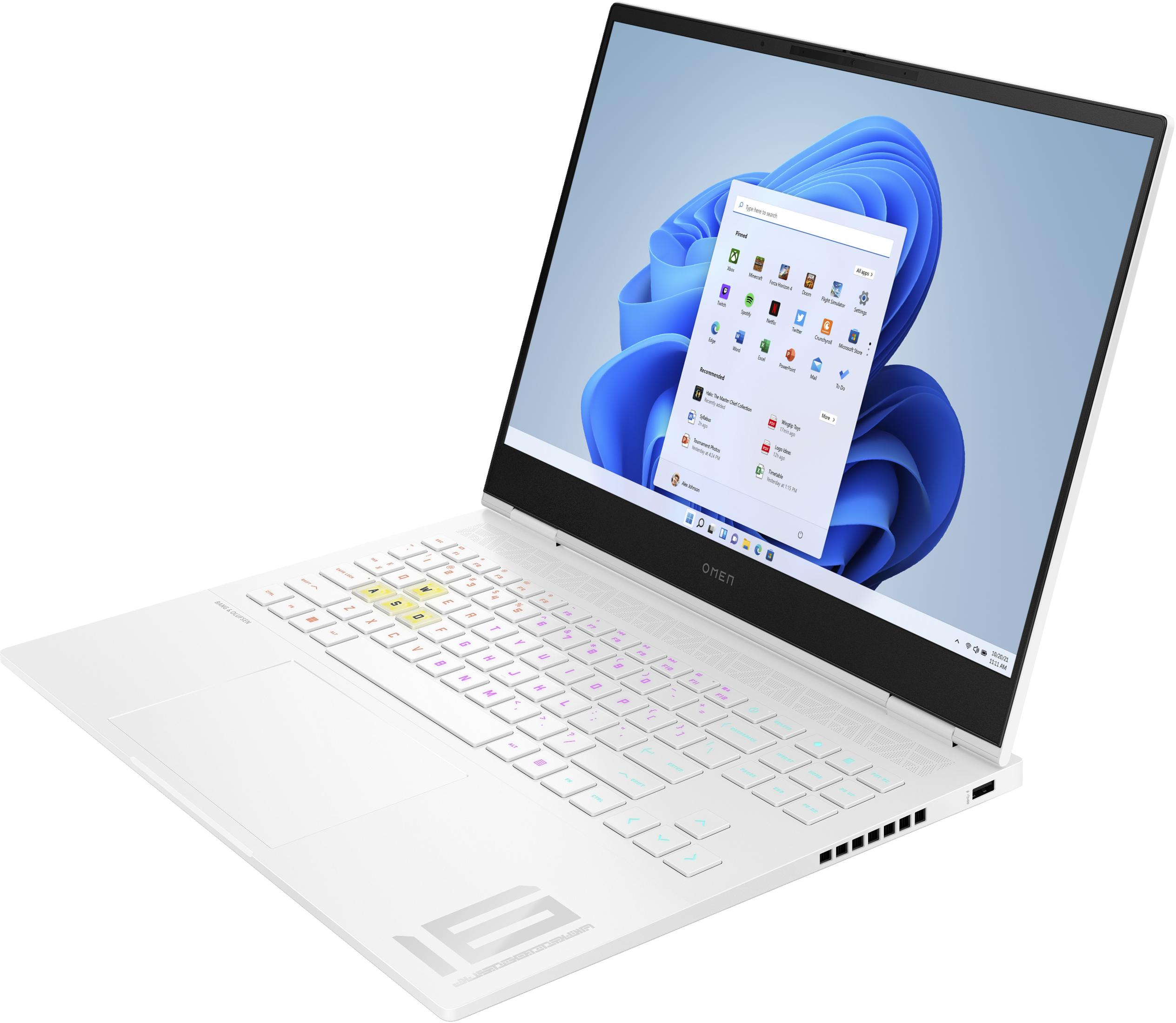 Ein weißer Laptop mit beleuchteter Tastatur und einem Windows-Startmenü auf dem Bildschirm.