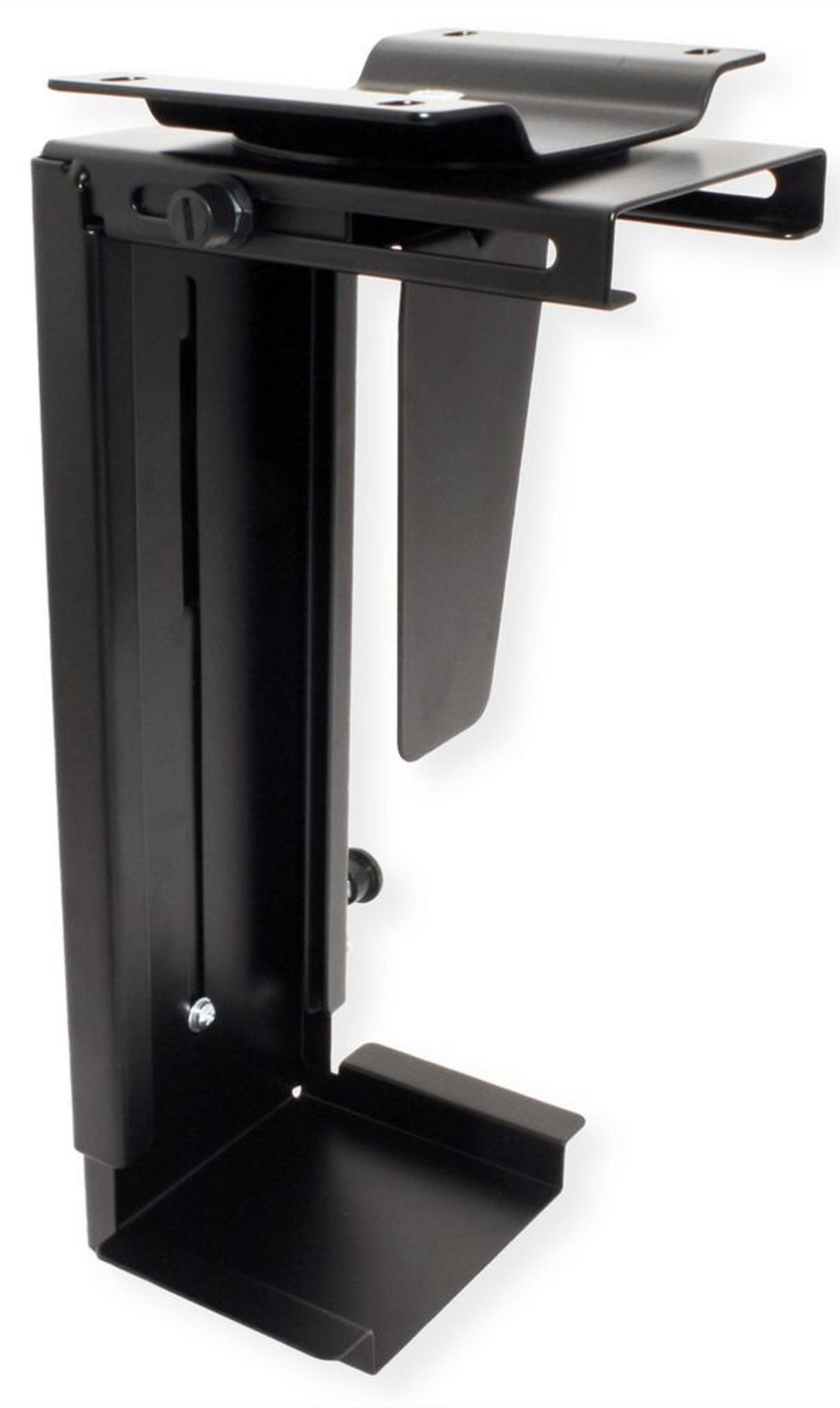 Black metal computer tower bracket with adjustable clamp and base tray.