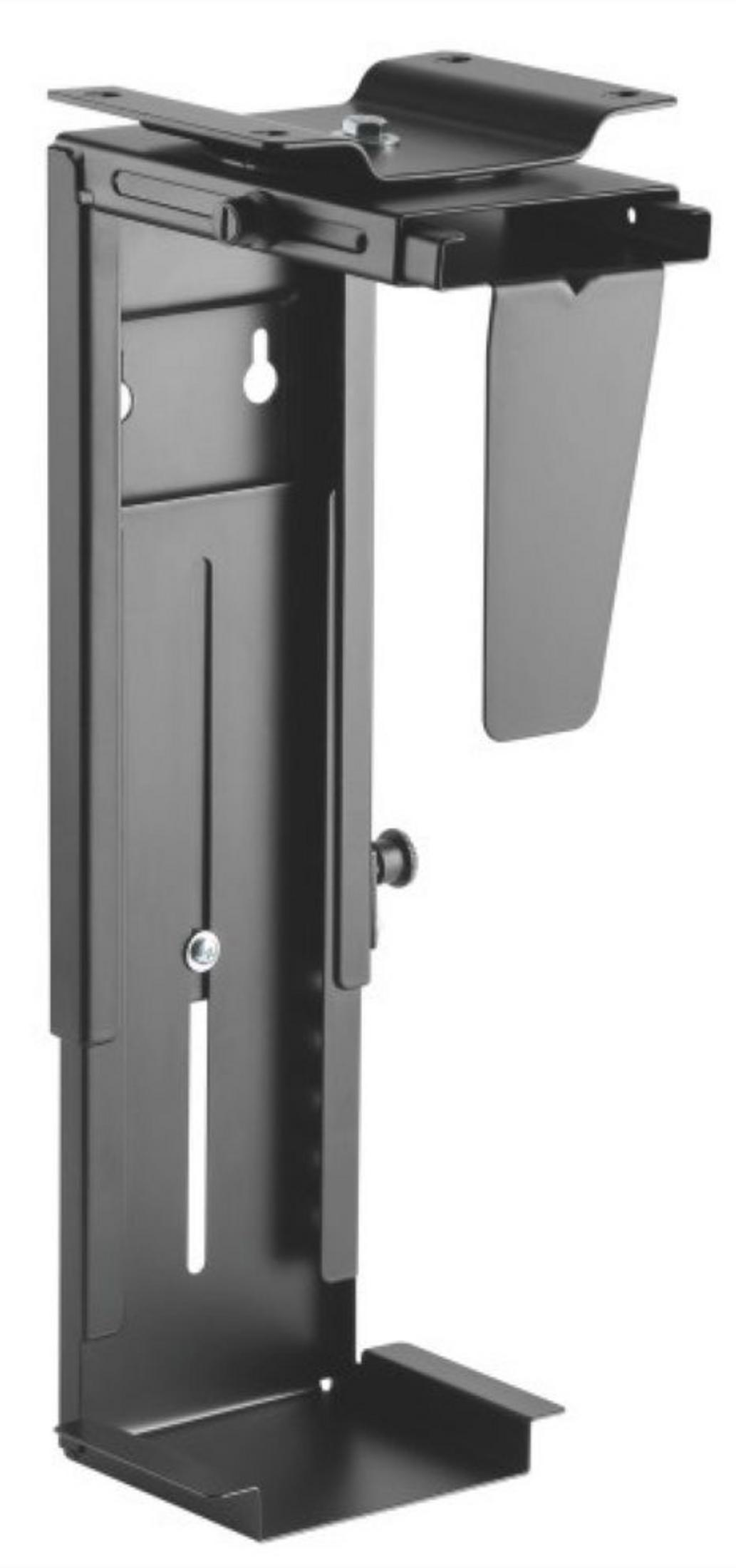 Black metal computer tower mount with adjustable straps.