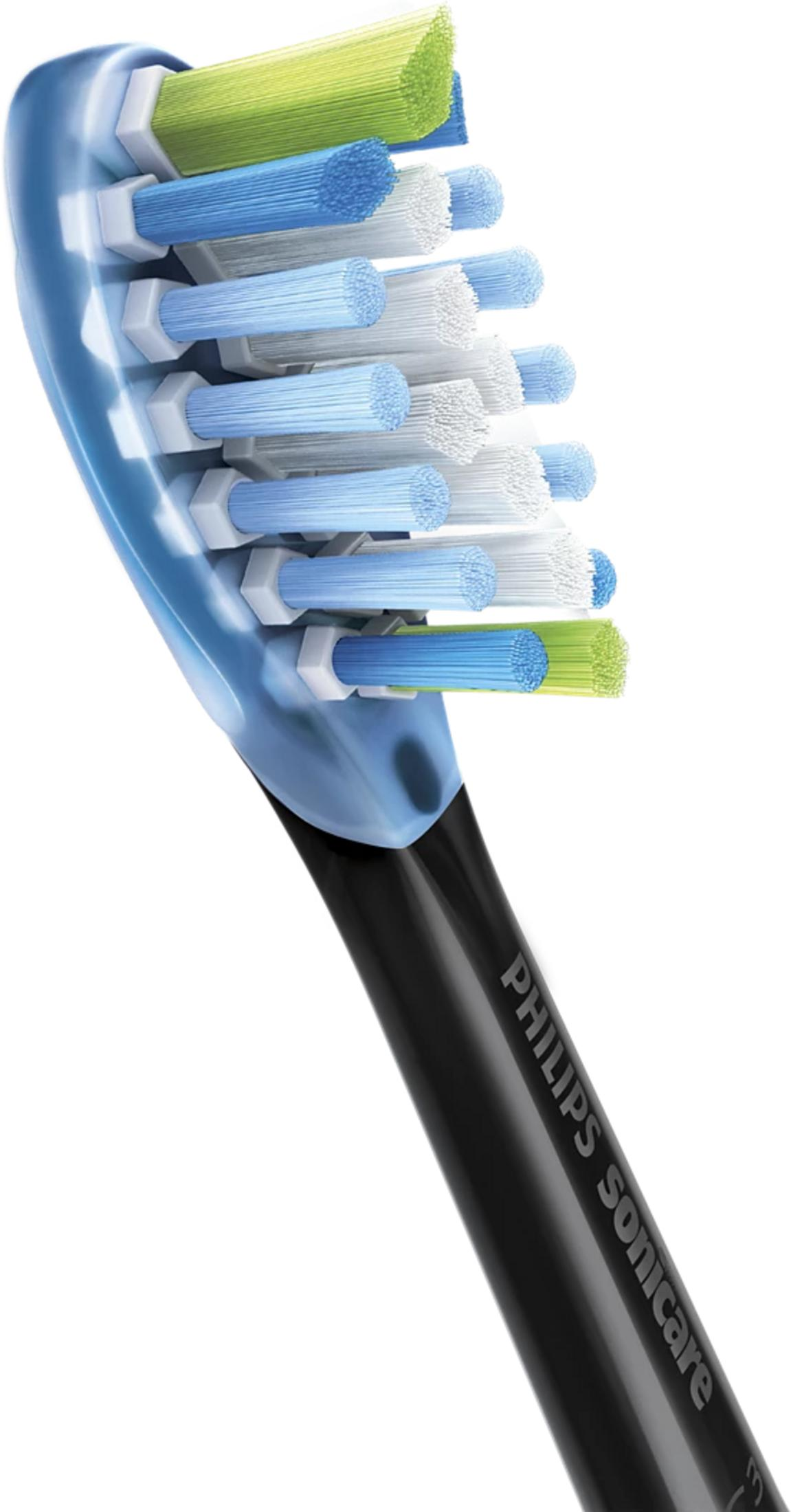 Primer plano de un cabezal de cepillo Philips Sonicare con cerdas azules, blancas y verdes.