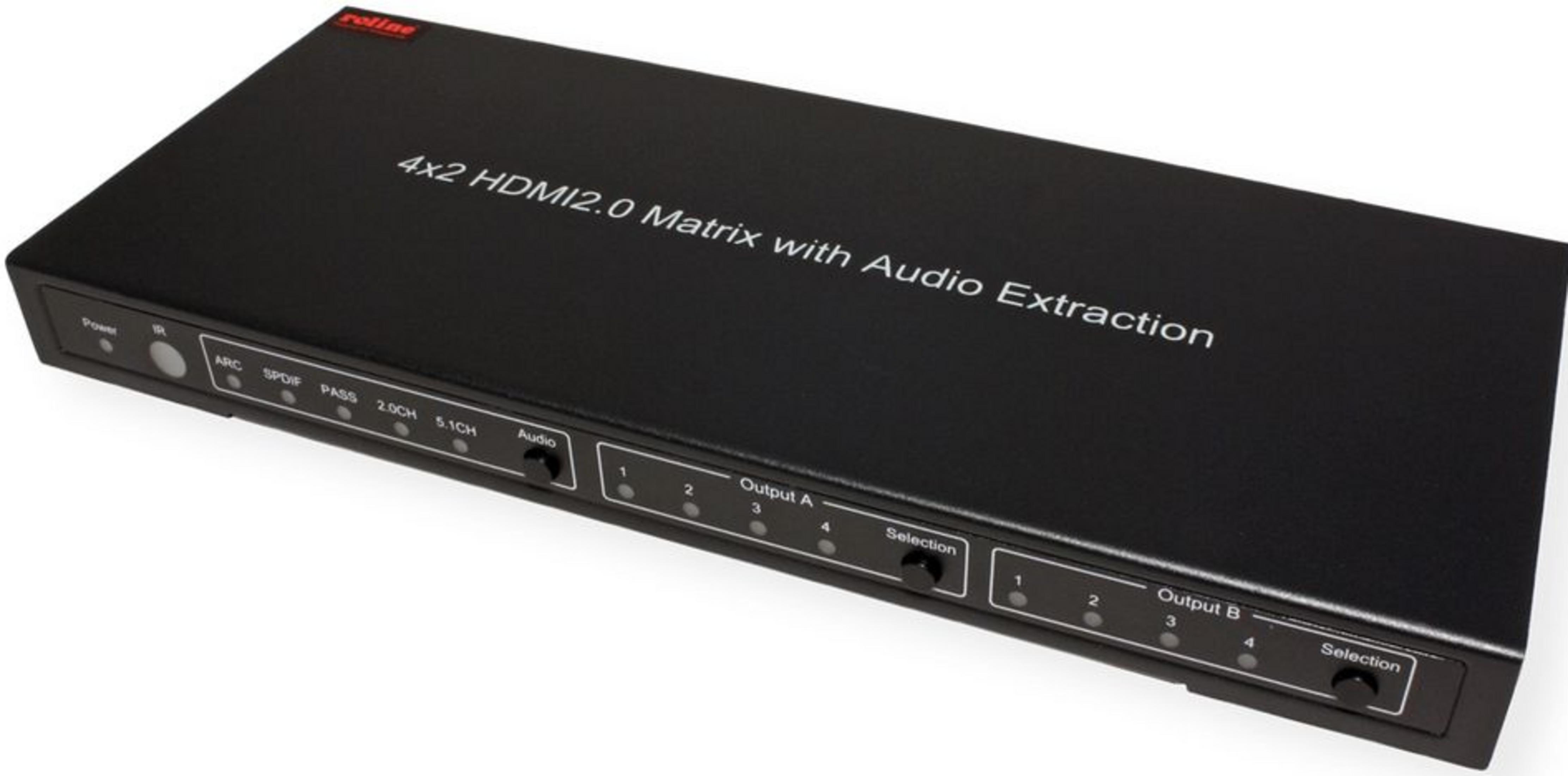 Matrice HDMI 2.0 4x2 noire avec extraction audio, dispose de boutons pour l'alimentation, l'ARC, le SPDIF, les modes audio et la sélection de sortie.