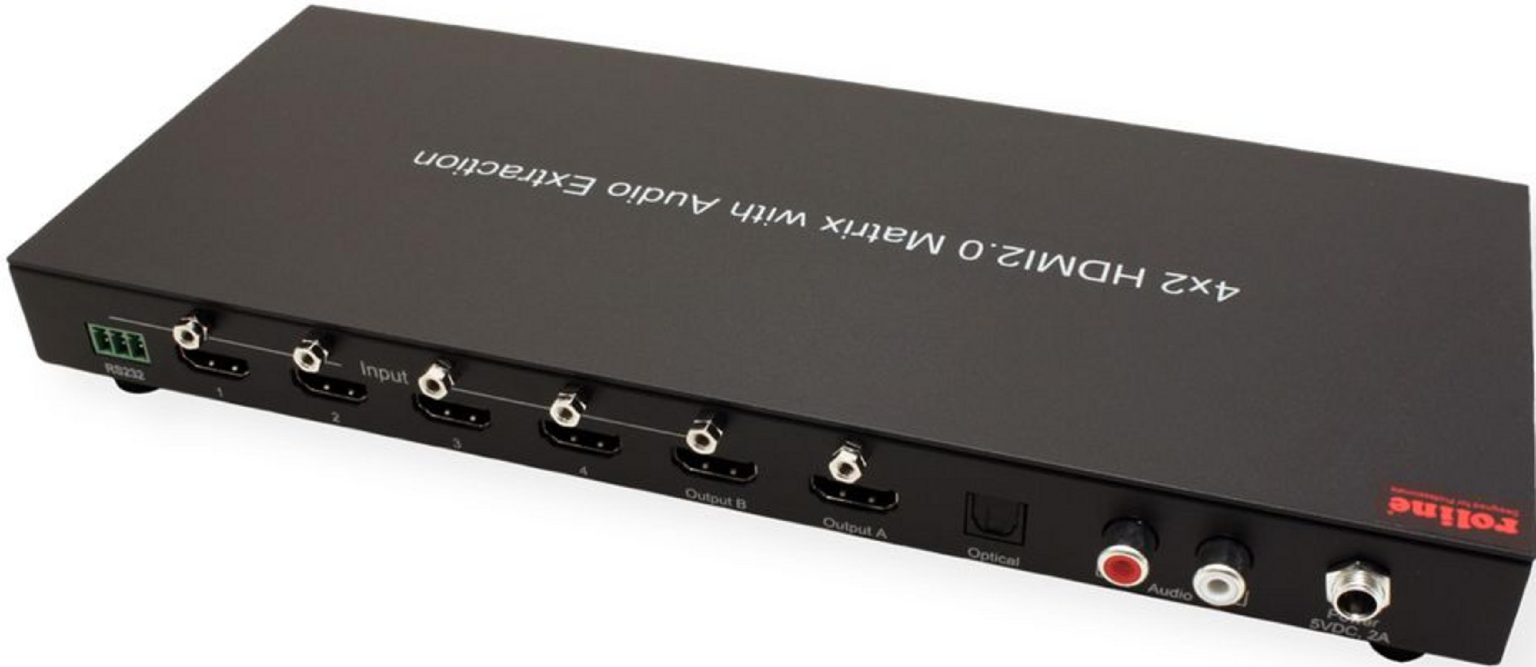 Commutateur matriciel HDMI noir 4x2 avec ports RS232, audio et optique.