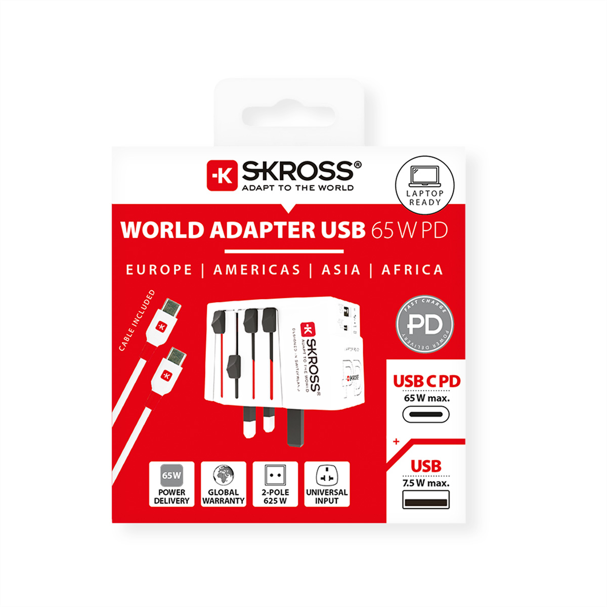 SKROSS Weltadapter mit 65W PD, USB-C und USB-Anschluss, für Europa, Amerika, Asien, Afrika.