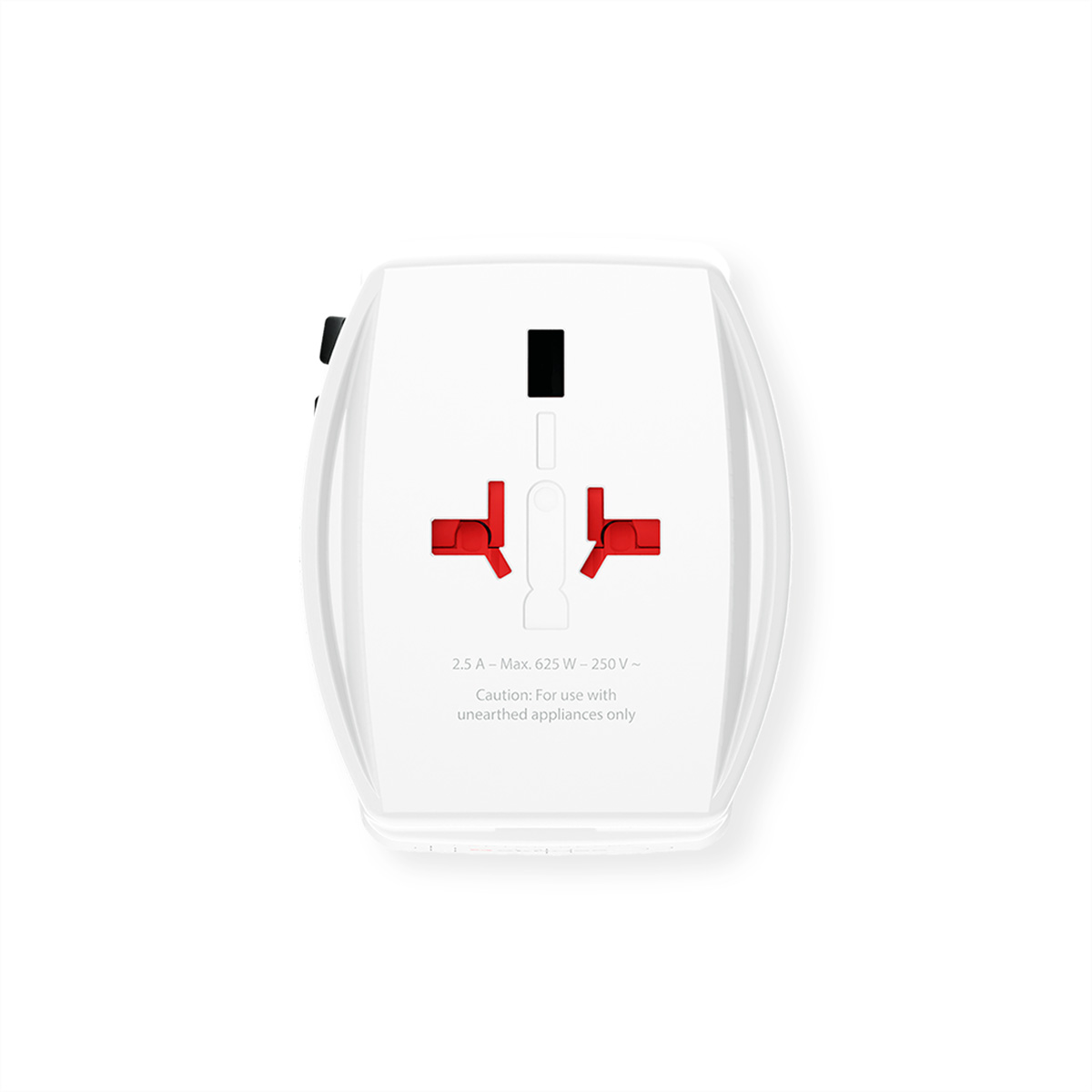 Ein weißer Universalsteckdosenadapter mit roten und schwarzen Stiften.