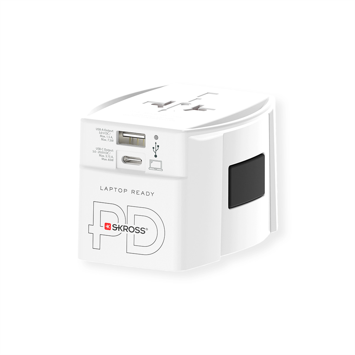 Weißer Reiseadapter mit USB-A- und USB-C-Anschlüssen, beschriftet mit 'LAPTOP READY'.