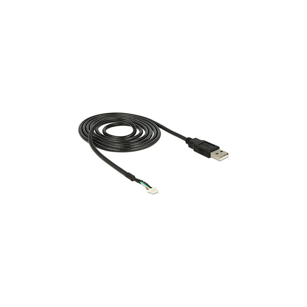 Cavo USB nero avvolto, con estremità aperta che mostra fili.
