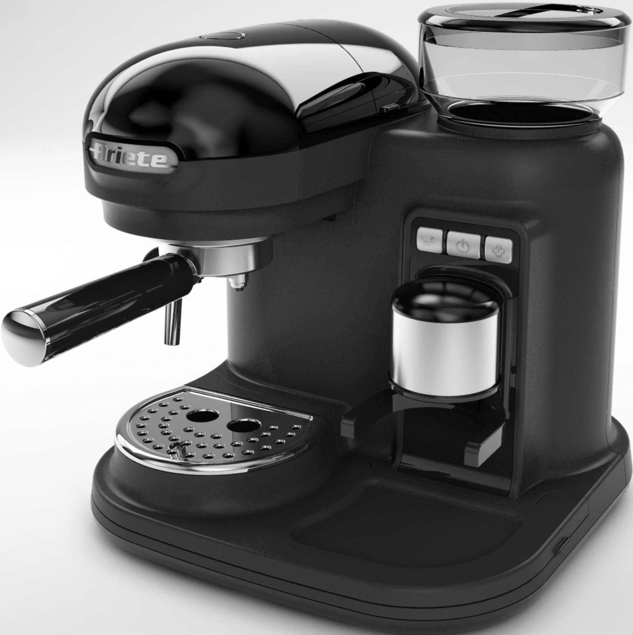 Czarna maszyna do espresso z metalicznymi akcentami i błyszczącym wykończeniem.