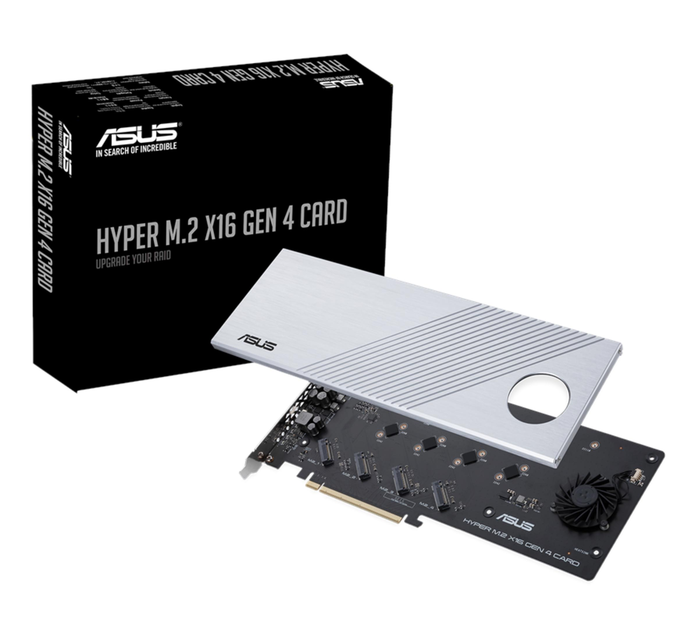 Scheda ASUS Hyper M.2 X16 Gen 4 con dissipatore e ventola, accanto alla sua scatola.