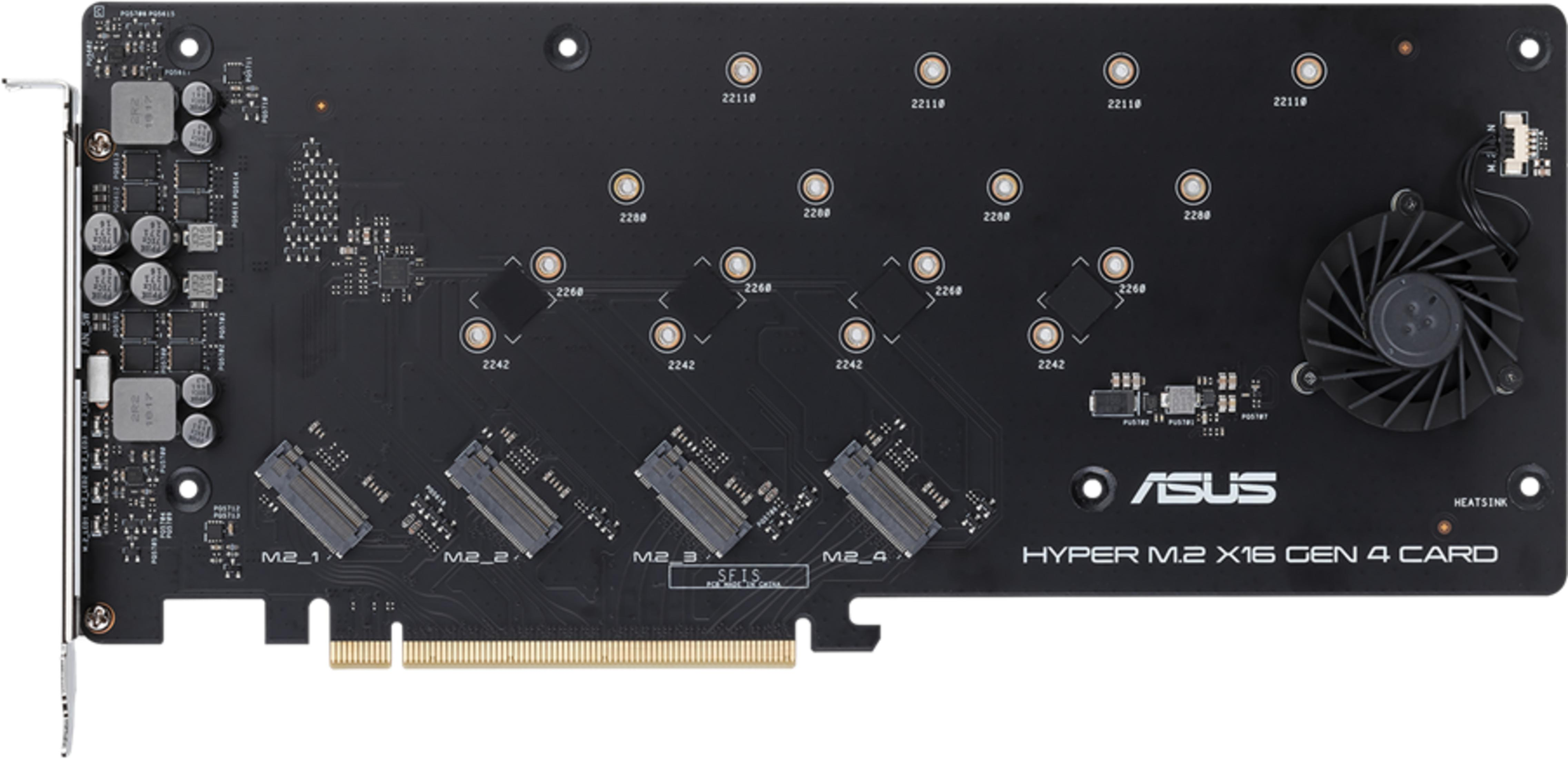 Scheda ASUS Hyper M.2 X16 Gen 4 nera con quattro slot M.2, ventola e connettore PCIe.