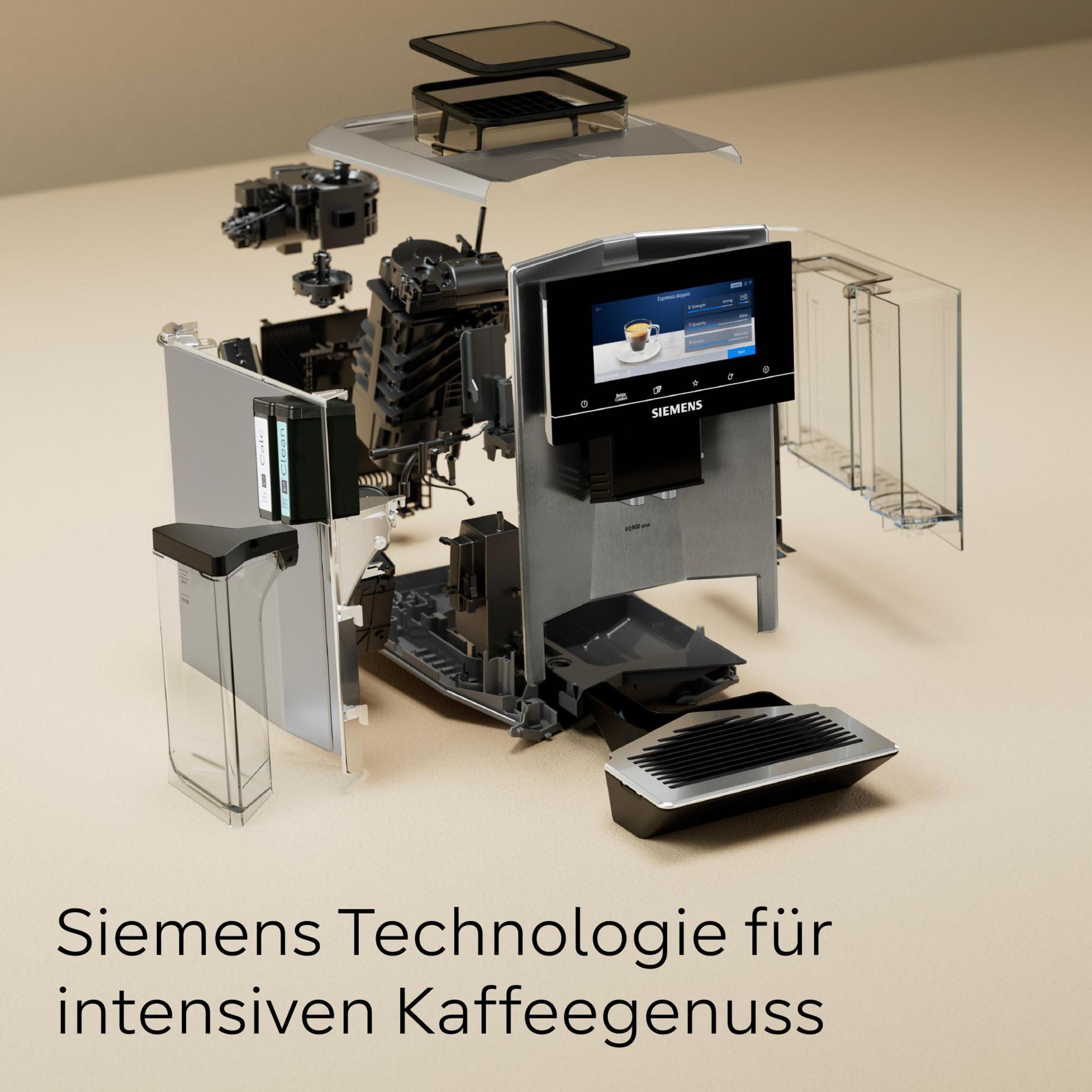 Ekspres do kawy Siemens EQ900 plus, widok rozłożony, z wyświetlaczem.