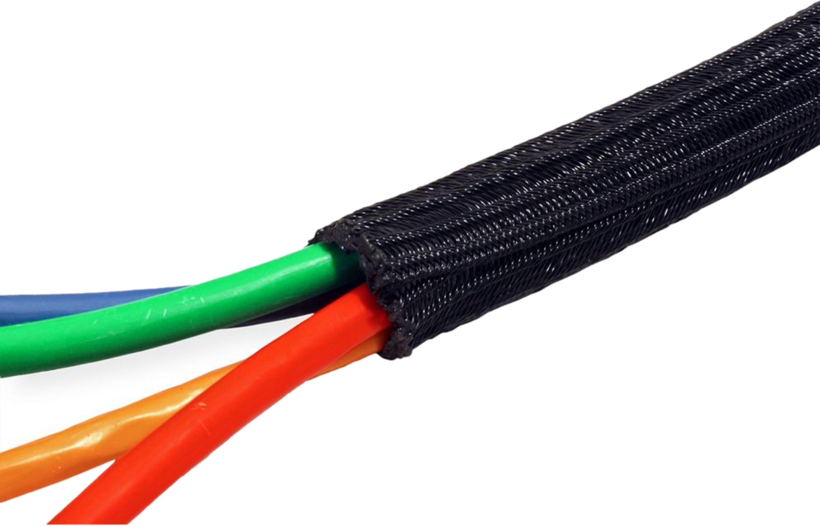 Drei bunte Kabel (blau, grün, orange) werden von einer schwarzen Schutzhülle umschlossen.