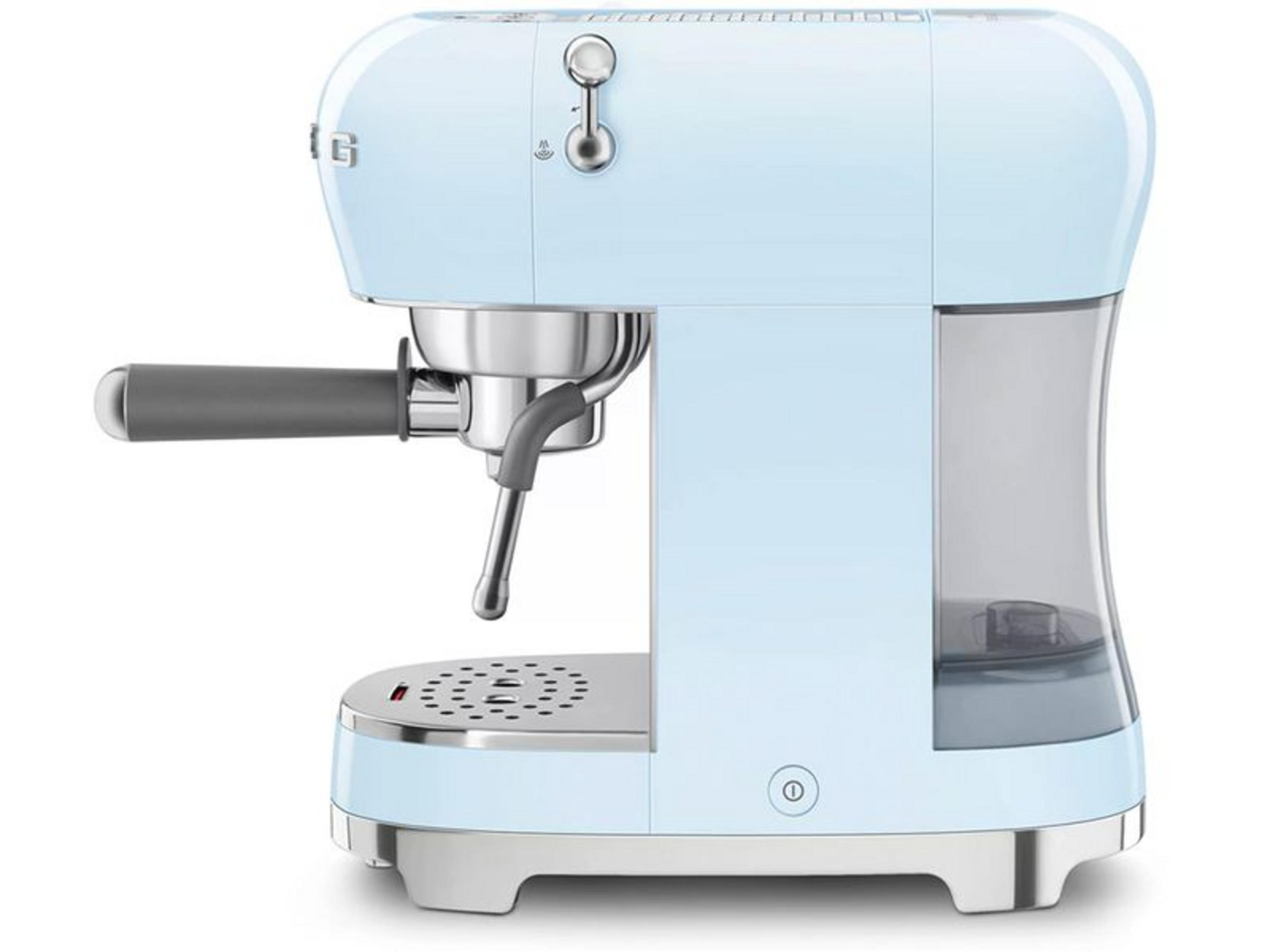 Hellblaue Espressomaschine mit silbernen Akzenten und Griff.