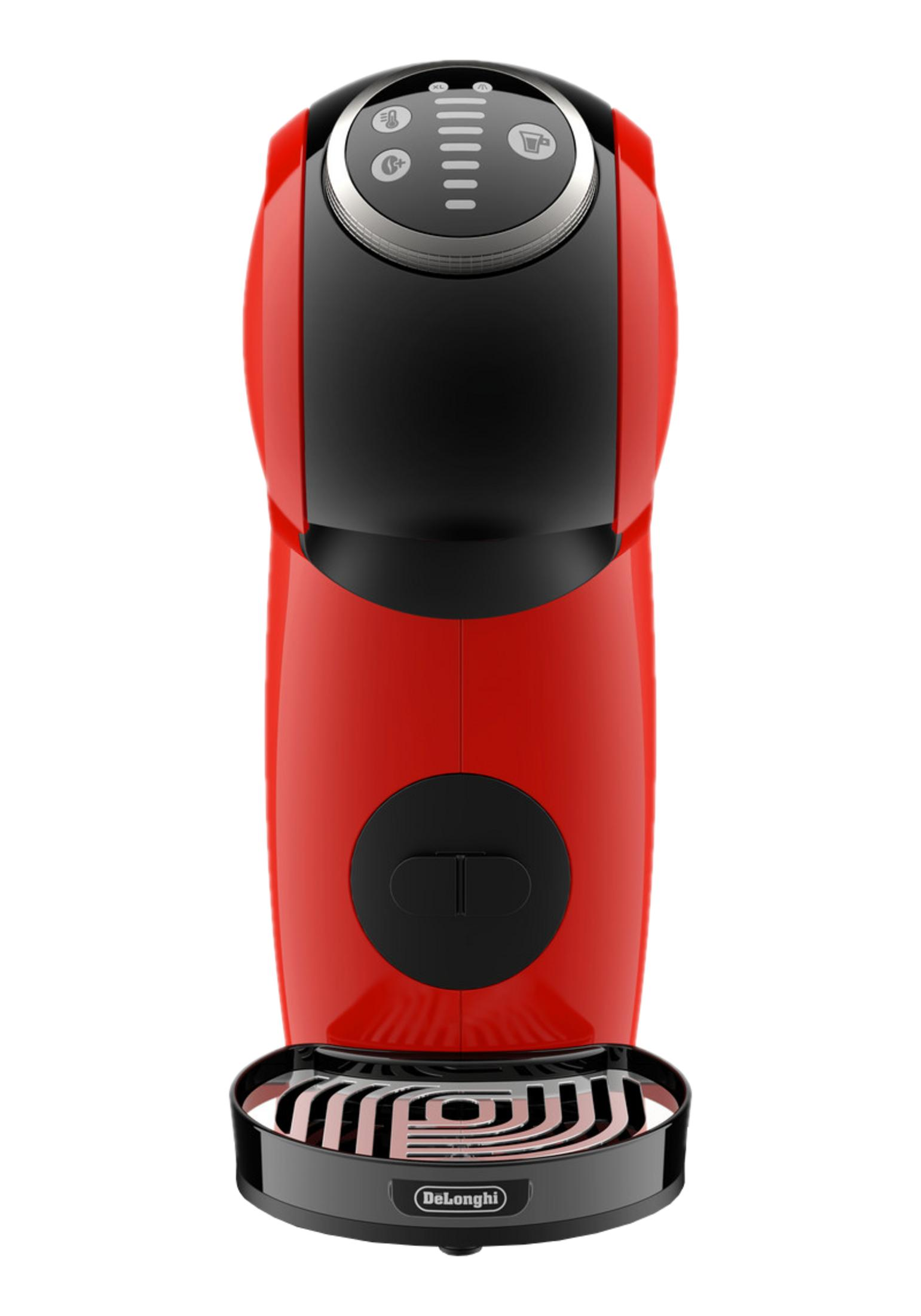 Czerwono-czarny ekspres do kawy z elementami sterującymi na górze.