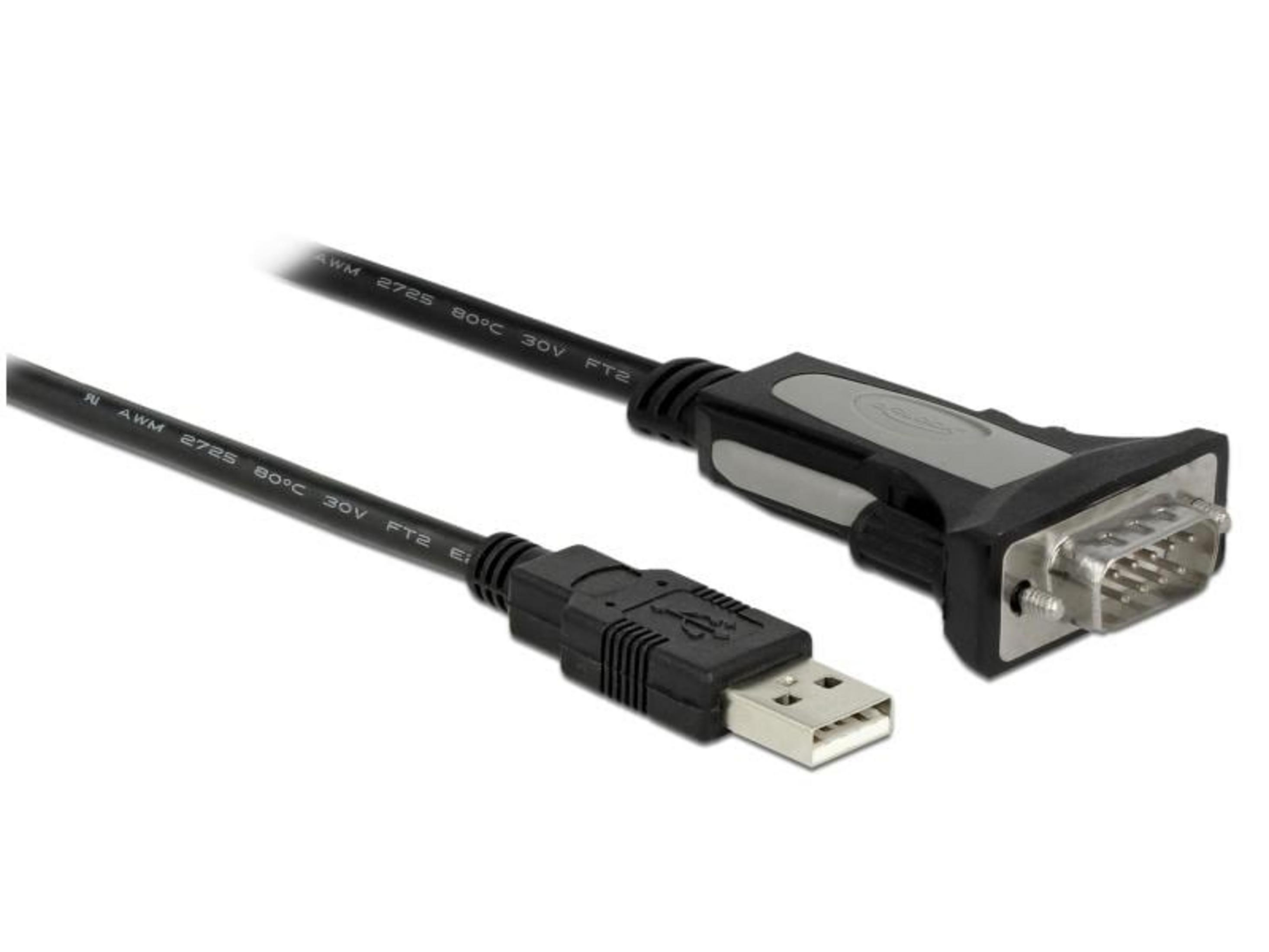 Un cable adaptador USB a serie negro con conector USB-A y conector DB9.