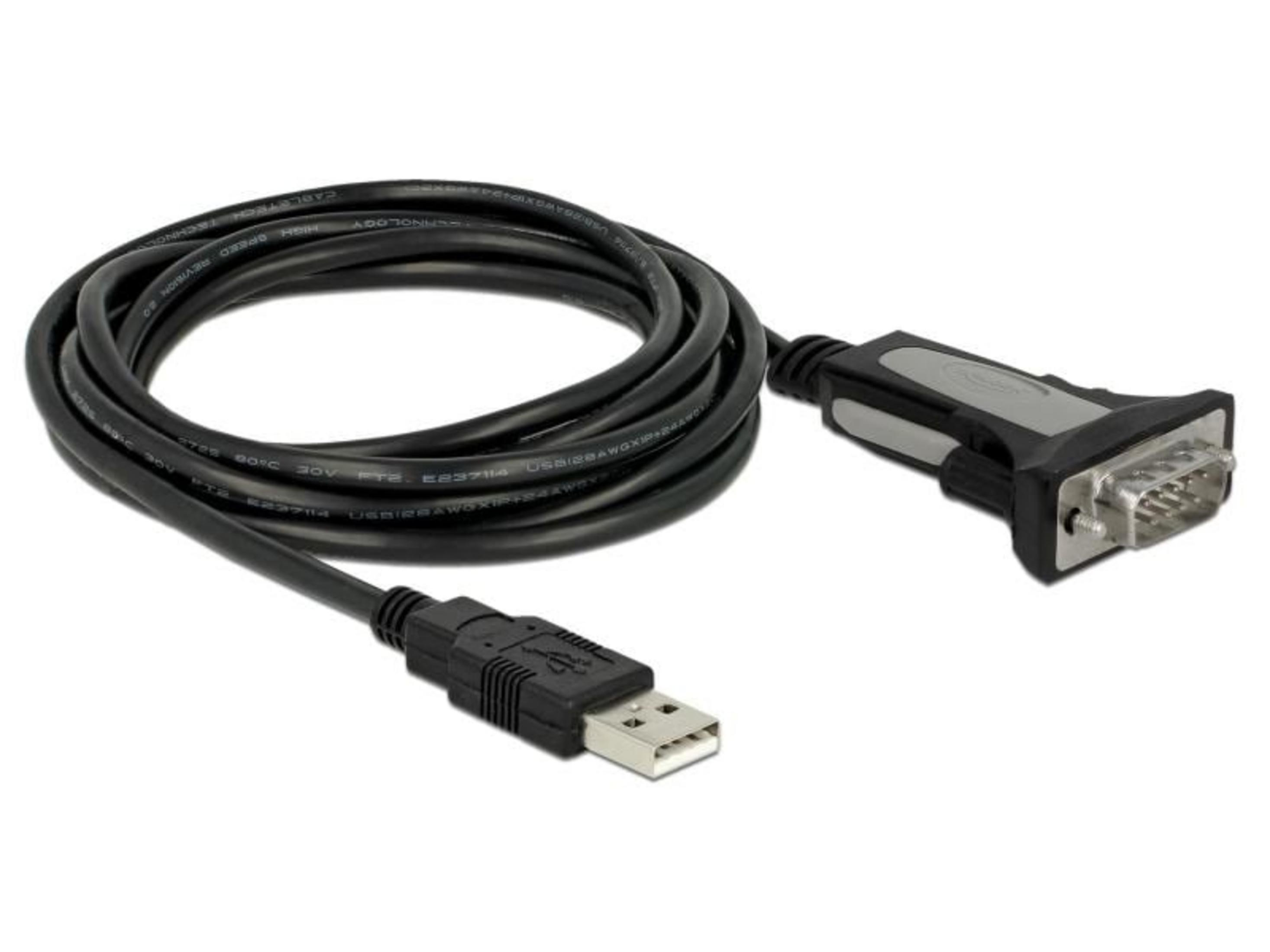 Cable USB a serie negro con conectores USB-A y DB9 sobre fondo blanco.