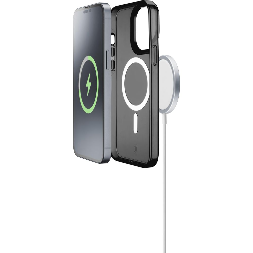Ein Smartphone mit Ladeanzeige und einer schwarzen Hülle daneben.