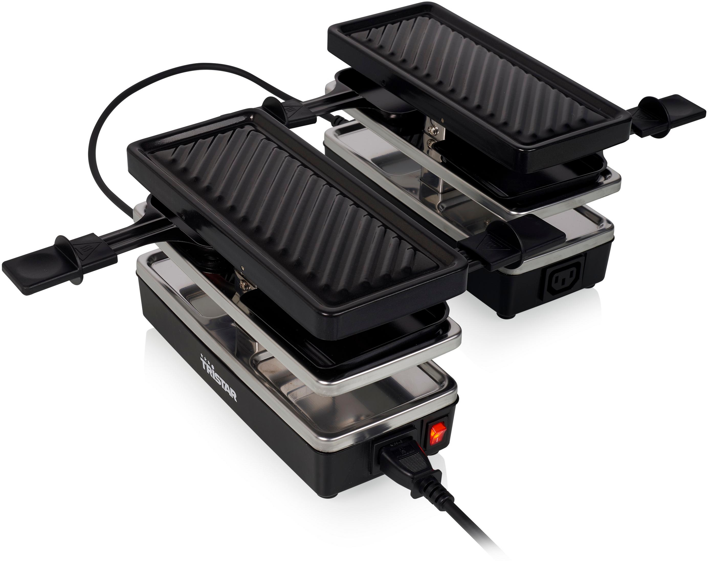 Una griglia raclette nera con due griglie e un cavo di alimentazione.