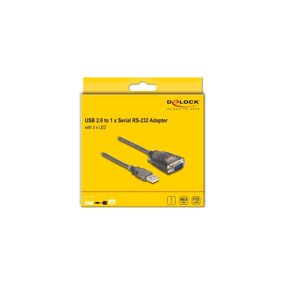 Confezione di un adattatore da USB 2.0 a Seriale RS-232 con 3 LED.