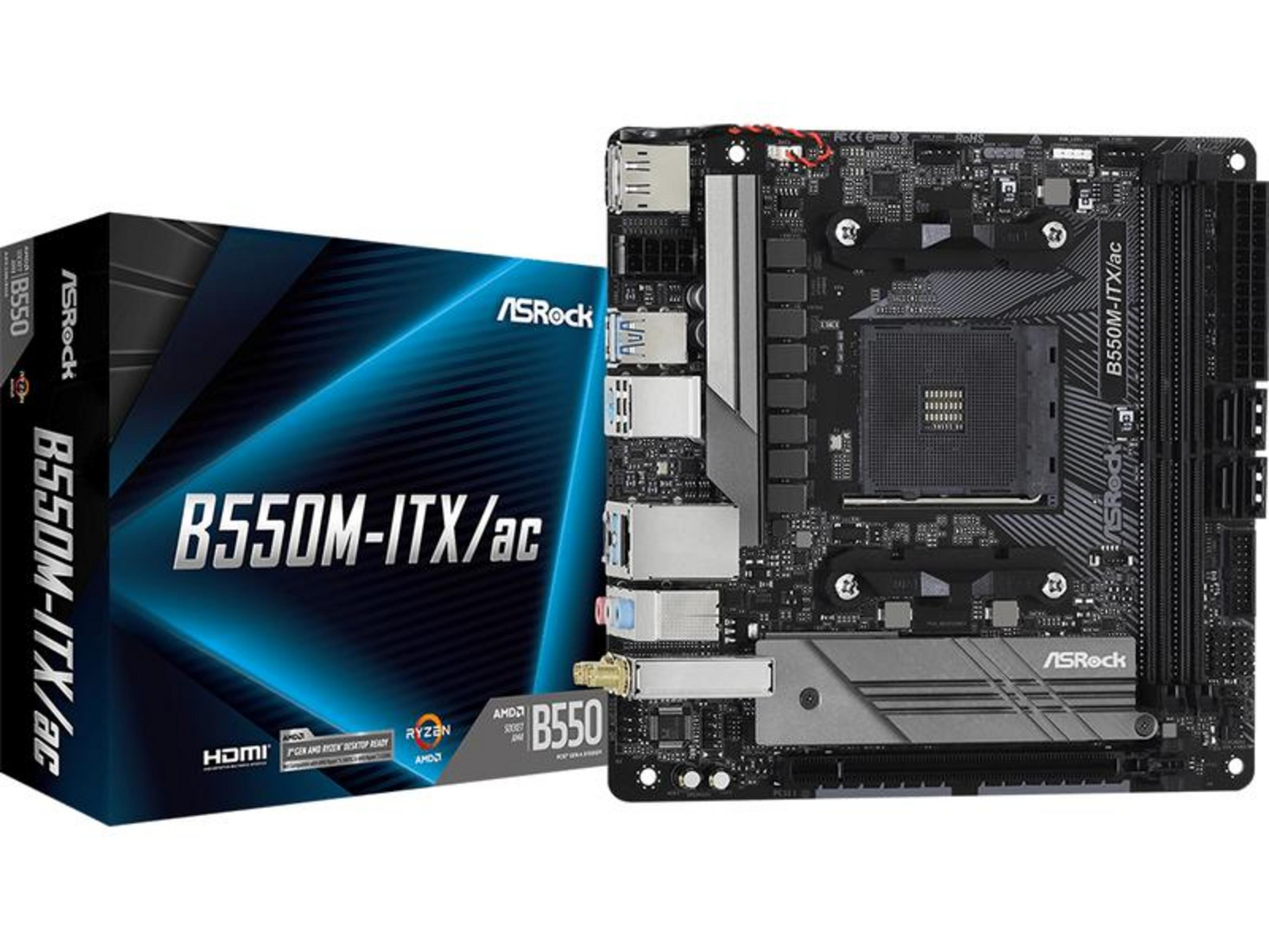 Płyta główna ASRock B550M-ITX/ac i jej opakowanie na białym tle.