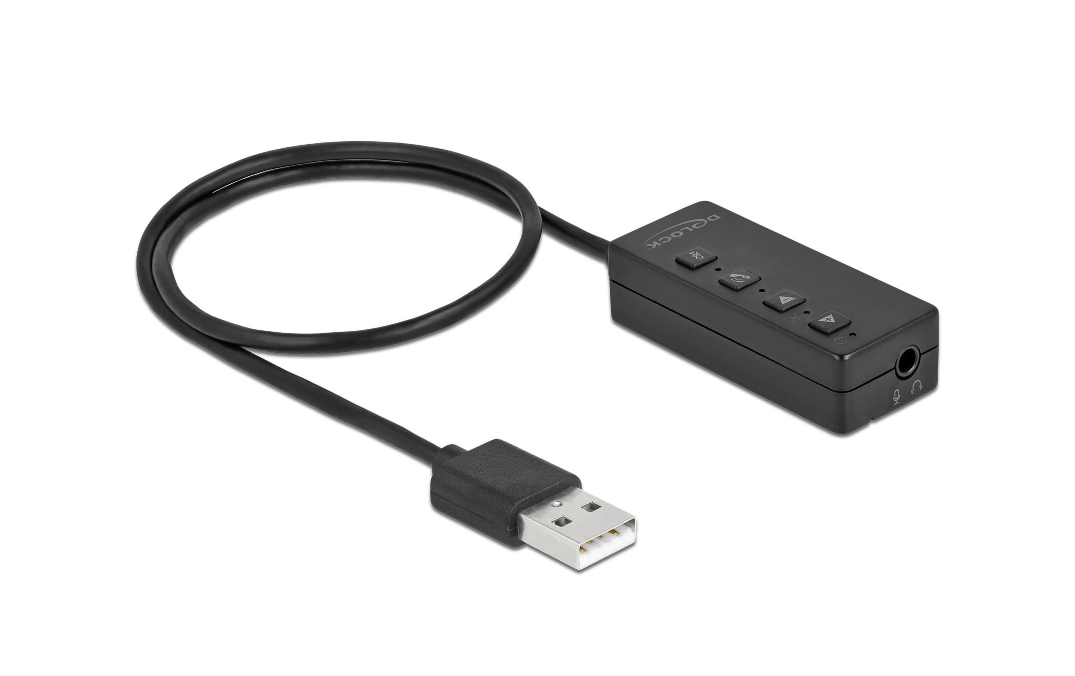 Dispositivo audio USB nero con cavo, pulsanti e porte.