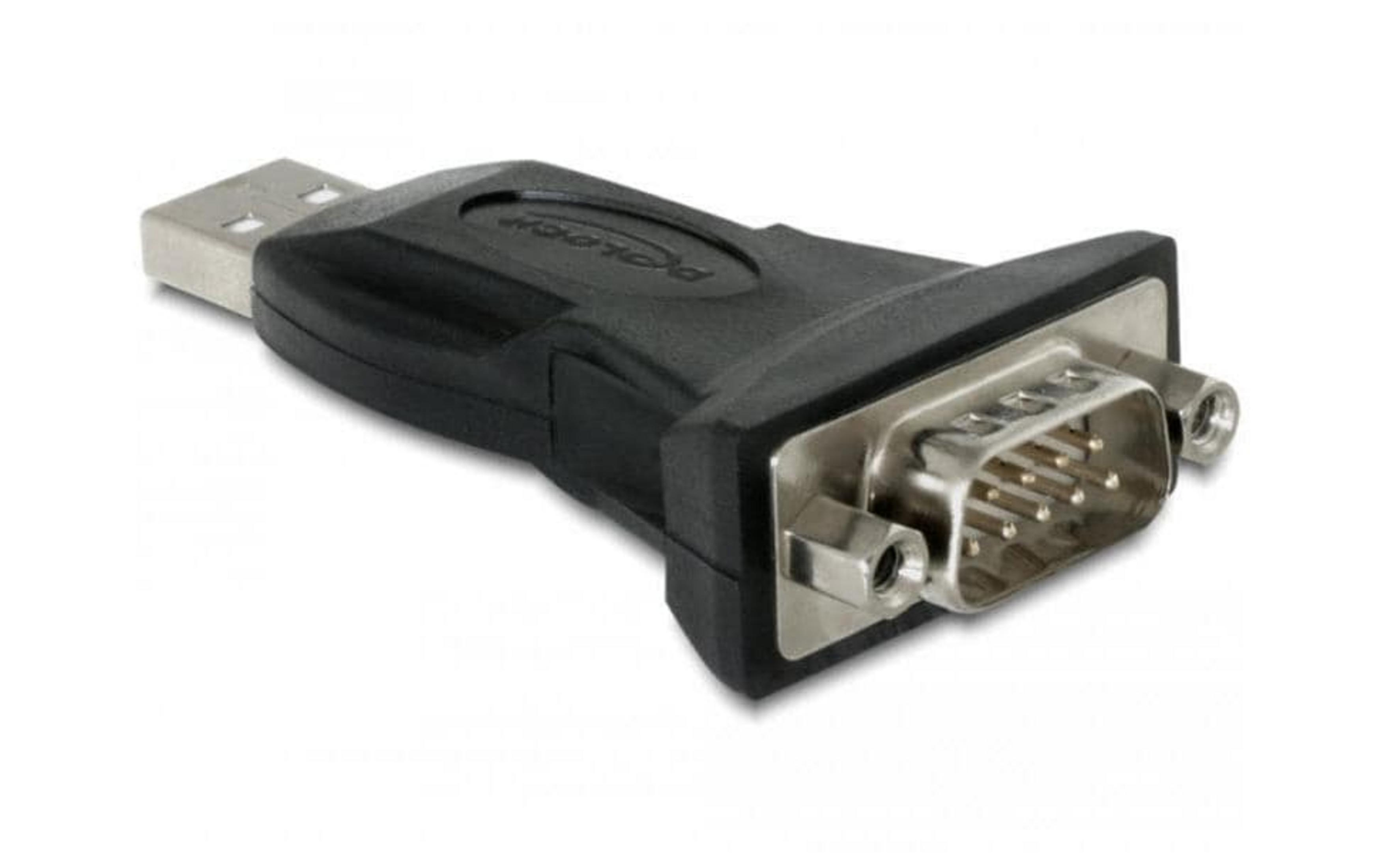 Un adattatore da USB a VGA nero con connettori argentati.