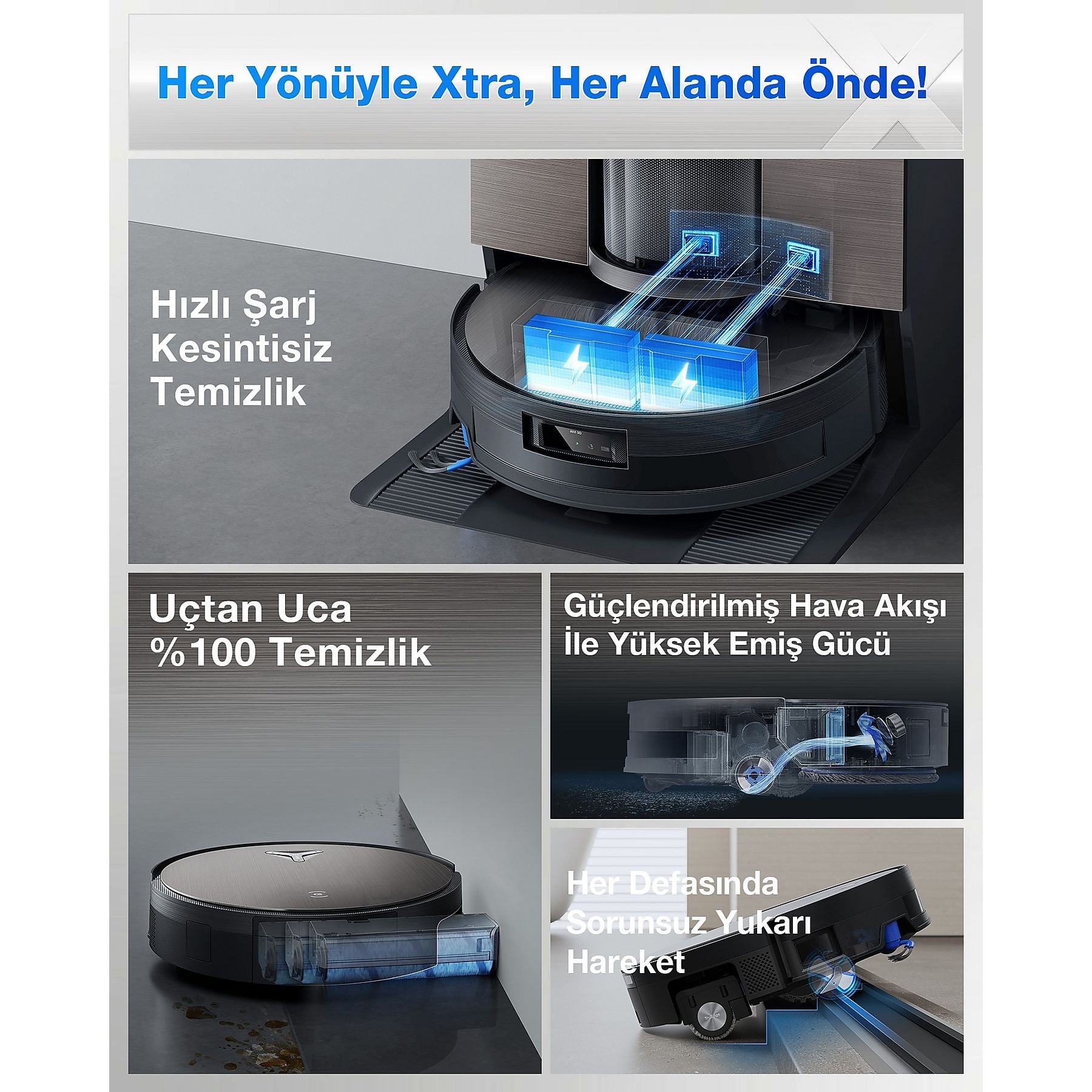 Robot sprzątający ładujący się na stacji dokującej, pokazujący stan naładowania.