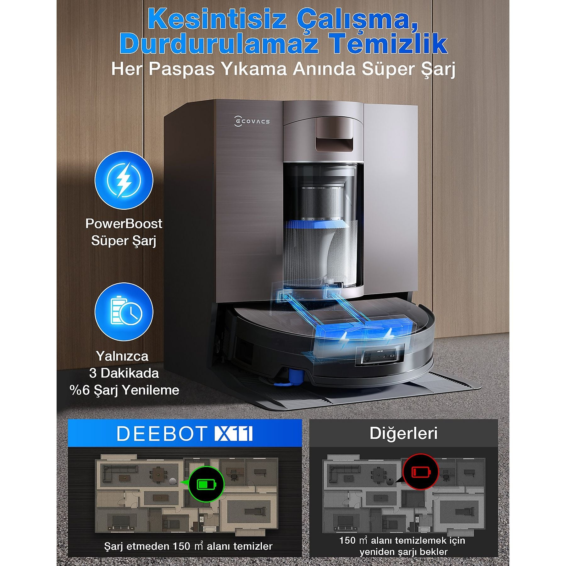 Robot sprzątający ze stacją dokującą, która pierze mopy i szybko ładuje.