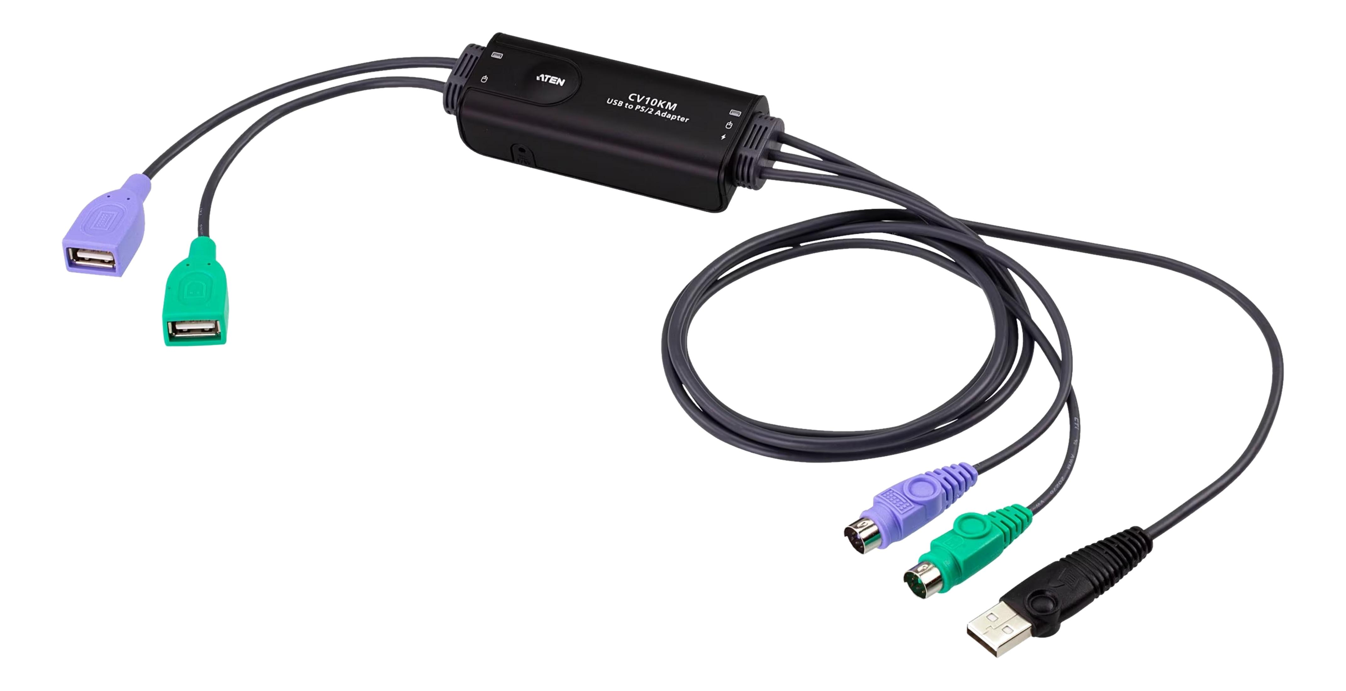 Adattatore ATEN CV10KM da USB a PS/2 con porte USB viola e verdi.